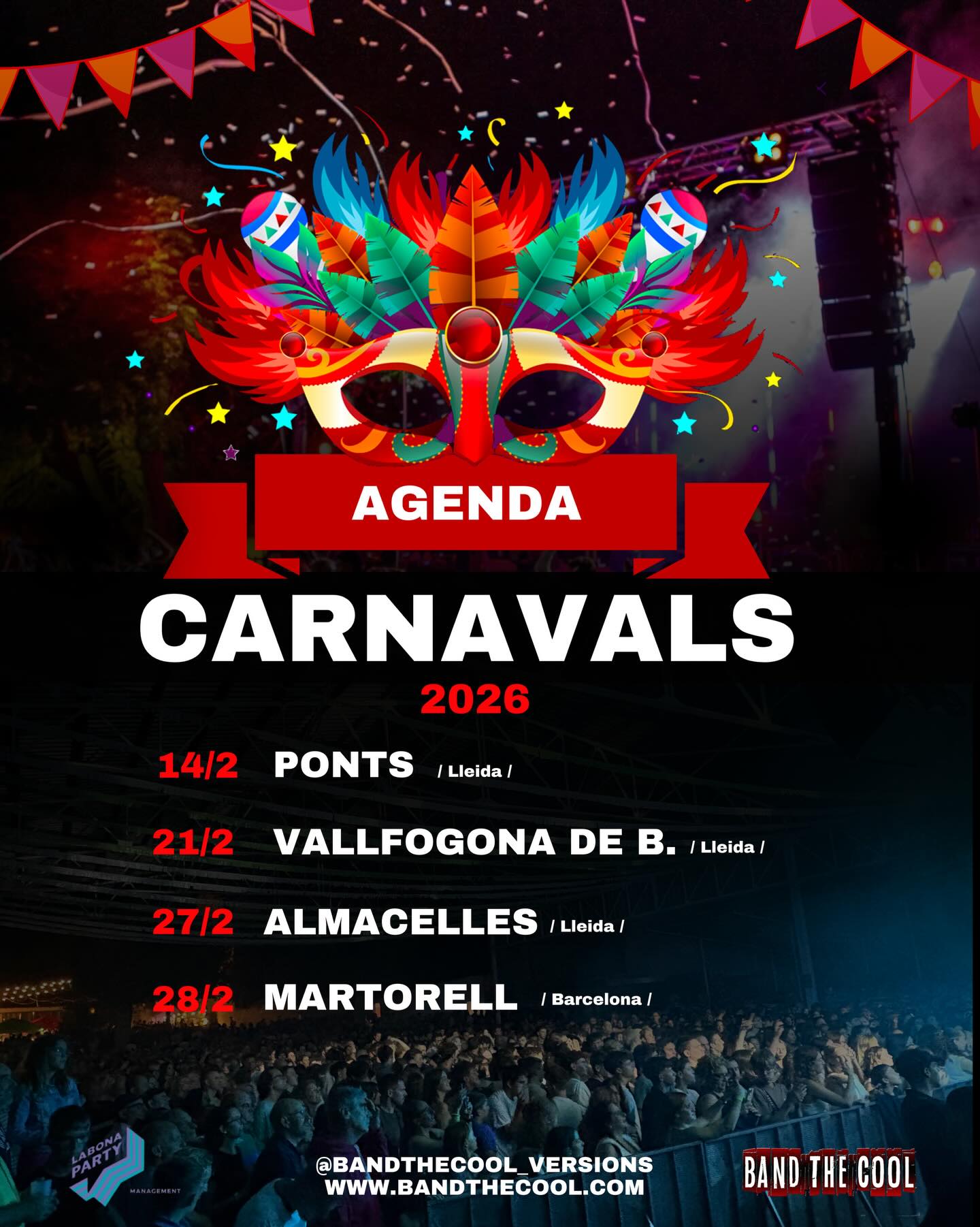 ✨🎭 CARNAVAL MODE ON 🎭✨
Aquest any la liem FORT: 4 concerts, 4 nits, 0 excuses. 🔥
Música, festa, disfresses i vibes non-stop fins que surti el sol.
Reuneix la colla, posa’t el teu millor outfit i vine a donar-ho TOT.
👉 Ens veiem a primera fila?
➡️ 14/2 PONTS
➡️ 21/2 VALLFOGONA DE B.
➡️ 27/2 ALMACELLES
➡️ 28/2 MARTORELL
@bandthecool_versions
@labonaparty
#carnaval2026 #Concerts #bandthecool #NitJove #EnsHiVeiem