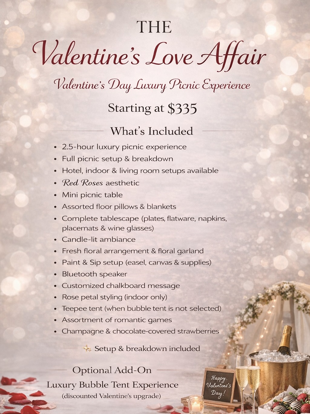 🌹The Valentine’s Love Affair 🌹
An elevated Valentine’s Day picnic experience designed for intentional moments, beautiful details, and unforgettable memories.
Starting at $335
Limited availability.
📍 Atlanta
✨ Setup & breakdown included
Inquire to reserve.
This of the V-day Suite!?
#PoshParkATL #AtlantaEvents #ValentinesDayAtlanta #LuxuryPicnic #AtlantaLuxury #valentine #ValentinesDayExperience