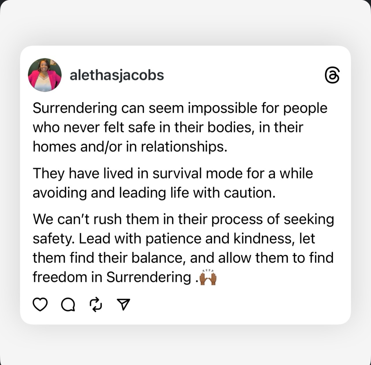 🙌🏾Surrendering =FREEdom
🫶🏾One of the quickest lessons I learned when helping individuals working through trauma was to SLOW DOWN.
There are times when we must embrace stillness, allowing silence to fill the space instead of rushing to fill it with words or techniques. Trauma can manifest throughout the entire body, often in subtle ways that might go unnoticed. The concept of safety can feel unfamiliar, leading individuals to gravitate toward environments or relationships that perpetuate a sense of insecurity, further complicating their ability to build trust.
🌟Yes, surrendering leads to freedom, but I also understand how much bravery it takes to let go of control, embrace vulnerability, and trust the journey.
Affirm: I release what no longer serves me and step into the light of possibility! #Surrender #Courage #Freedom #traumahealing