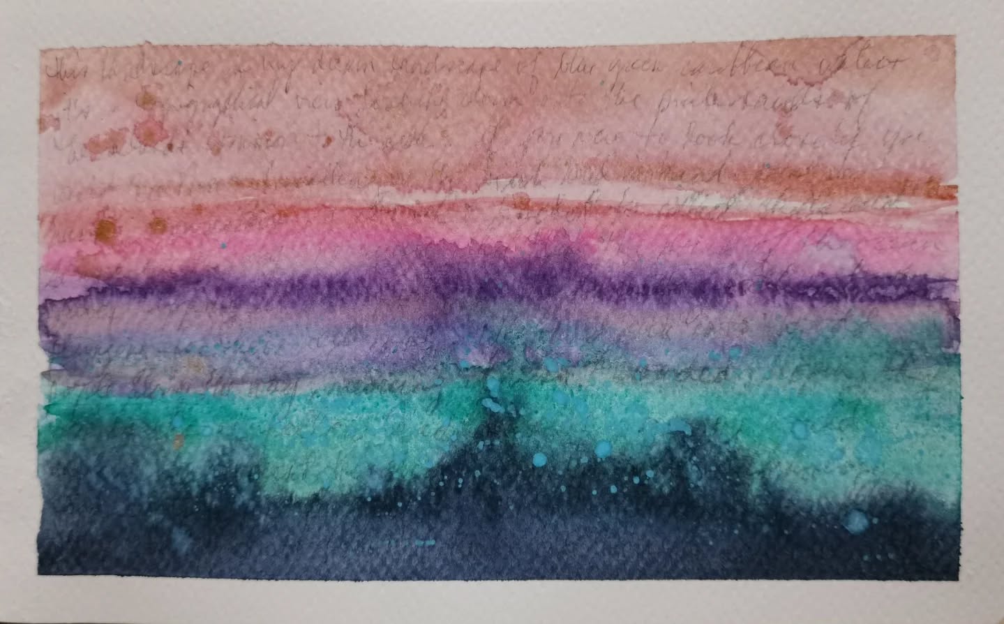 My dreamy landscape looking down from a plane over the Caribbean Waters lapping onto pink sandy beaches.
Watercolors used,: Potter's pink, wild salmon, opera rose, dioxazine purple, Cobalt teal, Cobalt green, billiard green, viridian, indigo
#watercolorart #watercolormixedmedia #watercolorpainting #abstractwatercolor
#danielsmithwatercolors
#beampaints #kuretake