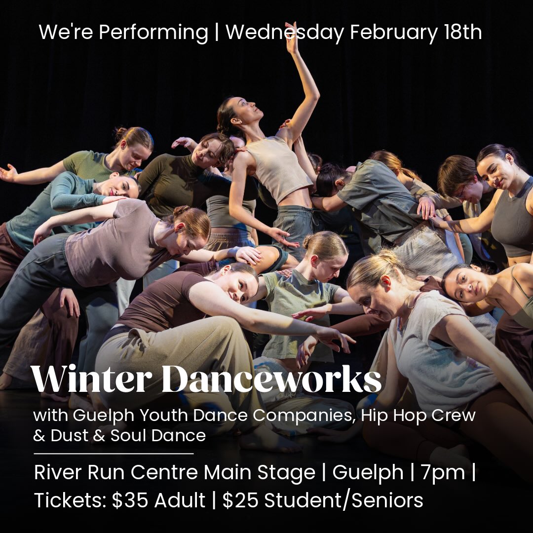 NEXT WEEK!!
We’re excited to announce that we’re performing pieces from our show Intersections at Winter Danceworks on Wednesday February 18th alongside Guelph Youth Dance Companies, Hip Hop Crew & Dust & Soul Dance!
Come see us dance at the River Run Centre Main Stage in Guelph @ 7PM! Tickets are available for purchase through the link in our bio!