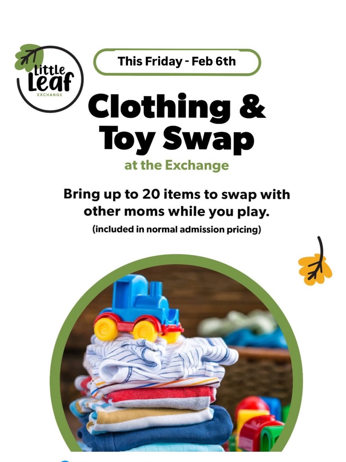 Here’s what’s going on at the play studio this month
SWIPE ➡️➡️➡️
This Friday, Feb 6- Clothing / Toy Swap
Bring gently used clothing & toys to all play sessions. Give and take as needed. You do not have to bring something in order to take.
This Sat, Feb 7th - TacoBout a Moms Night Out. This is a child free, catered, event at 6:30pm. You deserve a night out.
Wed, Feb 11- Milestone Chats/ Tummy Time Group: Come meet other moms of littles ages 0-9 months.
Sat, Feb 14 - Puppy Love Bluey Valentine Event. This is a ticketed event at 9:00 & 11:30. Registration is open!
Fri, Feb 20- Mickey Mouse Visit. This will be a ticketed event. Registration opens Friday, Feb 6th at 2:00pm. Save the date!
Feb 28 - Pasta & Pals . This is a ticketed event, child free, catered, moms night out. Think speed dating but for mom friends. If you “match” at the end of the night, we’ll treat you to a free play date with your new bestie. Registration opens Friday, Feb 6th at 2:00pm.
Learn more about each event at www.littleleafplaystudio.combiner the GATHER tab