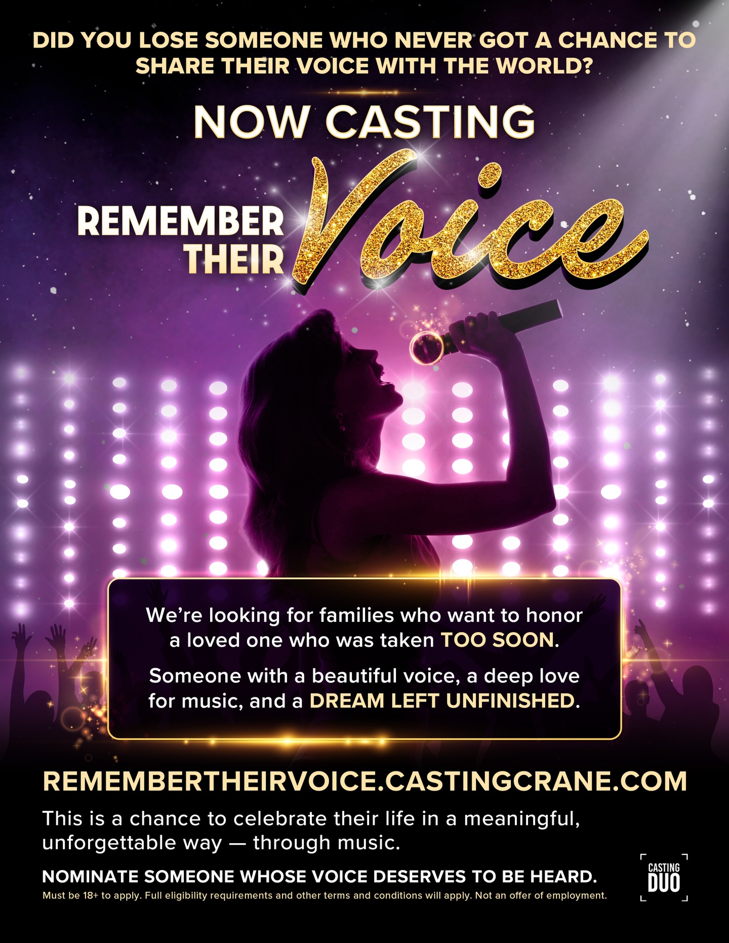 Know someone with an incredible voice who never got their moment? This is their chance. #castingcall #singingshow #nowcasting