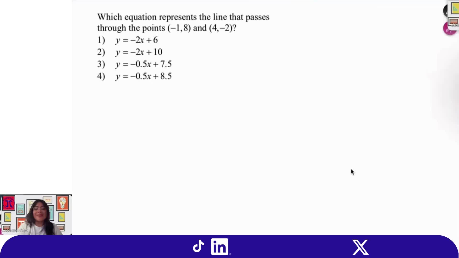Which equation goes through (-1, 8) & (4, -2)?
Slope = -2 ✔ Intercept = 6 ✔
Answer: ✅
𝑦=−2𝑥+6!
Keep practicing & math gets easier 💡
#WhatsTheAnswerWednesday #MathNMore #MathIsLife #Algebra1 #MathTips #MathConfidence