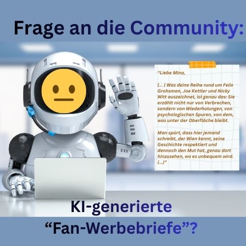 Eine Frage an euch (vor allem AutorInnen und BloggerInnen): Habt ihr in letzter Zeit auch immer wieder lobende Post in eurem E-Mail Posteingang, von Lesern, Agenturen, Promotern etc.? Die erzählen, wie toll euer Produkt ist und dass es ihnen ein Bedürfnis ist, für größere Reichweite des Produkts / des Accounts etc. zu sorgen? Mit 150% eindeutig generierten KI-Texten?
Eh klar: Nicht reagieren. Mich würde nur interessieren: Was bezwecken diese Mails? Wer hat was davon? Da sind keine Links, auf die man klicken soll, die E-Mail-Adressen schauen "normal" aus ... ist mir echt ein Rätsel.
Wer von euch wurde auch schon mit derartigen Schreiben "beglückt"? Habt ihr schon mal - rein aus Neugier - geantwortet?
Bin schon gespannt auf eure Erlebnisse.
Eure
Mina