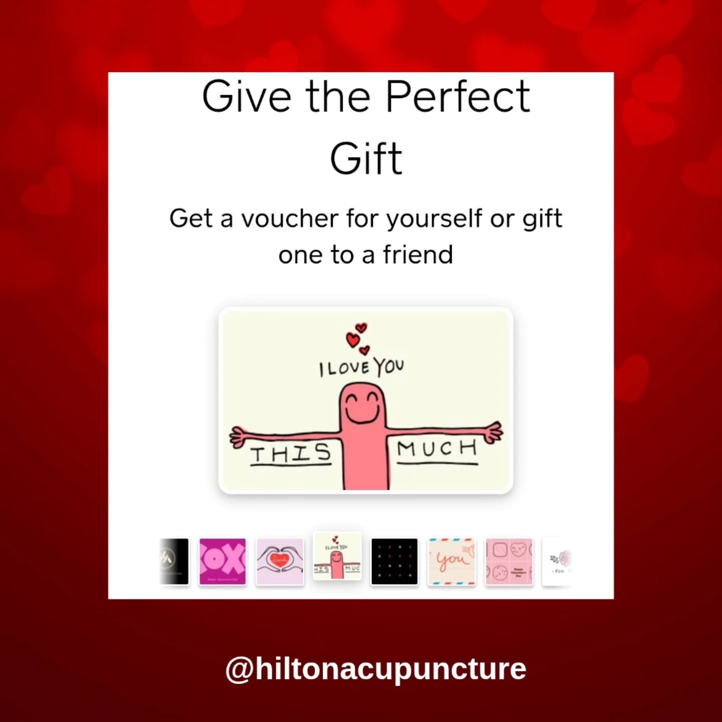 Valentine's Day is almost here. β₯οΈ What better way to show someone you care than by taking an interest in their health and wellbeing?Β βΊοΈ
Hilton Acupuncture eGift Cards make great Valentine's Day gifts and can be purchased in any dollar amount.Β Multiple designs to choose from.
Follow the link in the bio to purchase an eGift Card now!Β π
#hiltonacupuncture #acupuncture #TCM #acupunctureworks #valentinesday