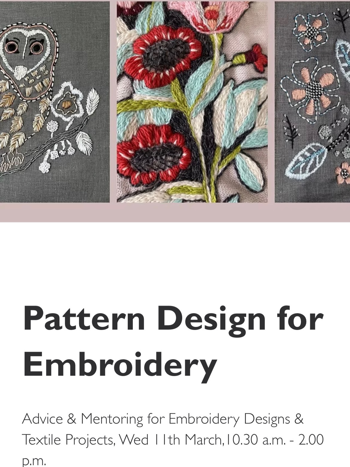 There are date changes for both of these workshops. Both are in March, so if you'd like to join, book your place at the website.
Pattern Design for Embroidery is to help you through any embroidery or textile project, it could help with coursework, or to demonstrate how to make your own embroidery patterns. It has a bespoke element in that it can include whatever you would like to know to assist your progression. This workshop is suitable for beginners to advanced.
The Broderie Perse Applique workshop is a joyous Spring themed embroidery session, where we will be layering fabrics and adding embellishments to create decorations and accessories.
#broderieperse #patterndesign #mossley