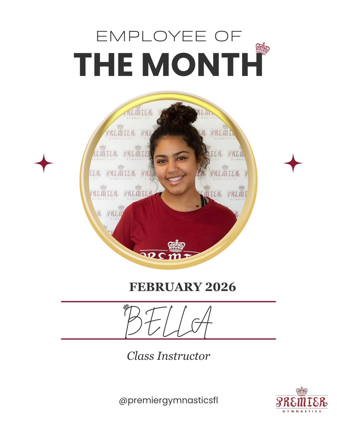 We are so excited to announce that Bella is our February 2026 Employee of the Month!
Bella brings such a positive energy to the gym every day. She is always smiling, incredibly dedicated to her athletes, and consistently does a great job maintaining strong control of her classes. Over time, she has truly blossomed into a confident coach, and it shows in both her teaching and the connections she builds with her athletes.
We are so grateful to have Bella on our team and proud of the growth she continues to show. Please join us in congratulating her and thanking her for all she does!
Congratulations, Bella! 👑🩷
