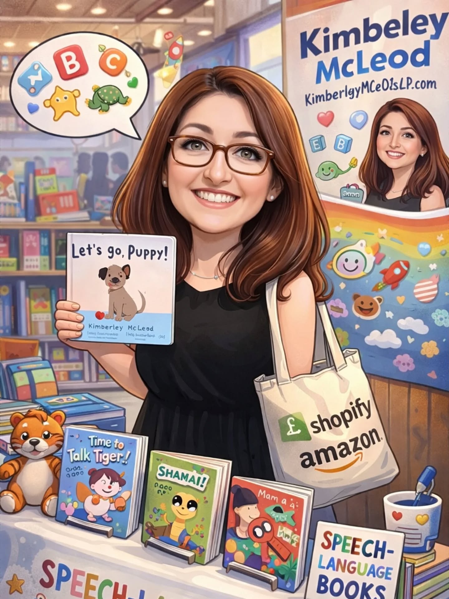 Thought I would hop on this trend, since everyone has been sharing their cute ChatGPT caricatures...
Well, apparently MY Chat thinks my name is Kimbeley McLeod-- not Kimberly... Kimbeley.
I do appreciate that it created a Speech-Language Books table, but I'm not quite sure about these book titles: Time to Talk, Tiger!, SHAMAI!, and Mam a a.
