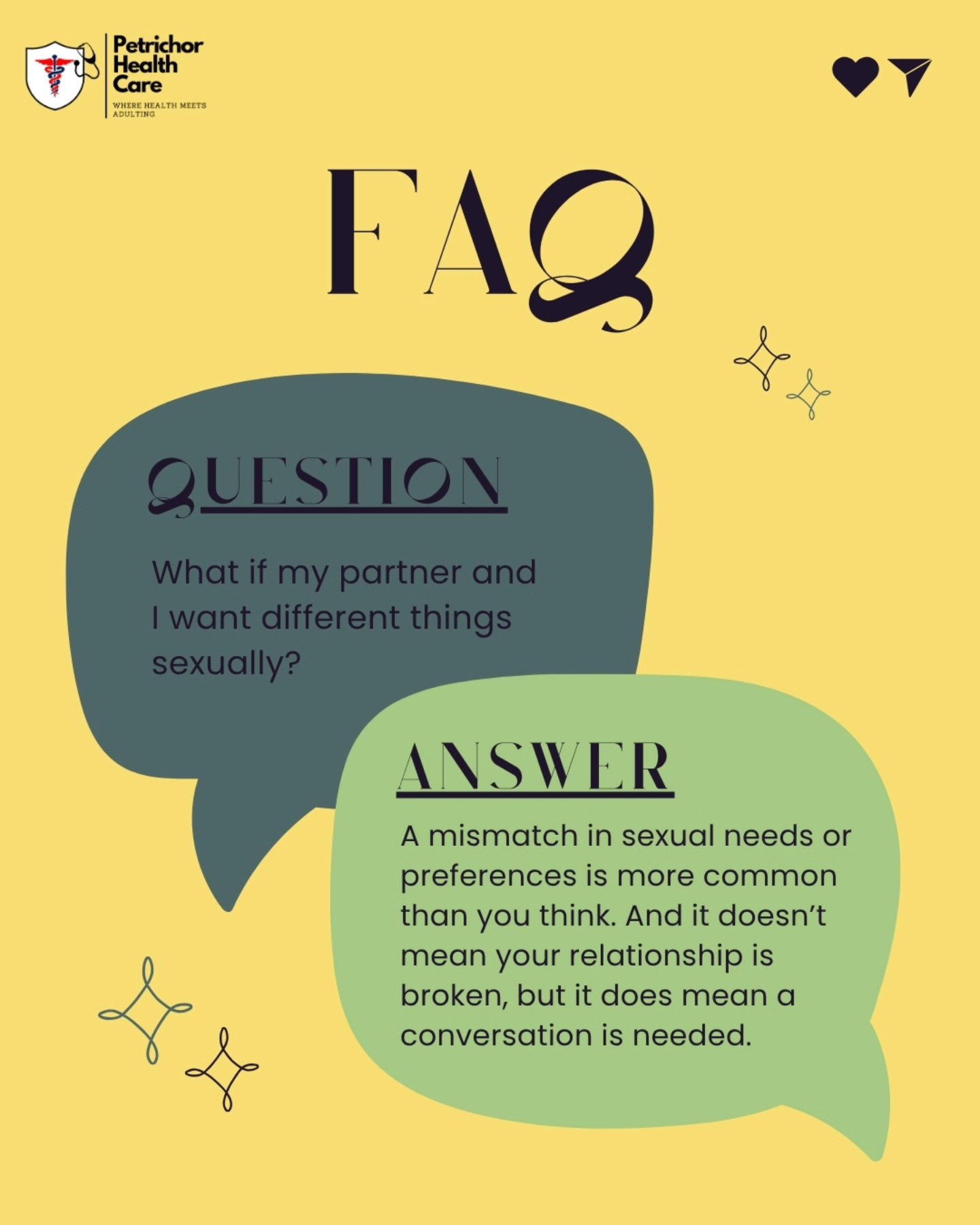 Here’s what matters:
● Communication — not just about sex, but also comfort, expectations, and emotional safety.
● Consent and boundaries — every time, from both sides.
● Respect — no one should feel pressured, ashamed, or guilty for what they do (or don’t) want.
● Compromise — when it’s mutual, not manipulative.
It’s okay to want different things.
What matters is how you navigate it with honesty, care, and a shared goal of mutual respect.
If you’re unsure how to start the conversation, we’re here to help.
Because your sexual well-being matters. So does your partner’s.
Let’s talk about both.
——
Ready to start your wellness journey...but not sure where to begin?
We are here to guide you 👋
Whether it's mental health, sexual well-being, or general care, we'll connect you with the right doctor for you.
📞Reach out today. Your care team is just a message away.
#relationshiphealth #communication #mutualrespect #relationshiptalk #petrichorhealthcare