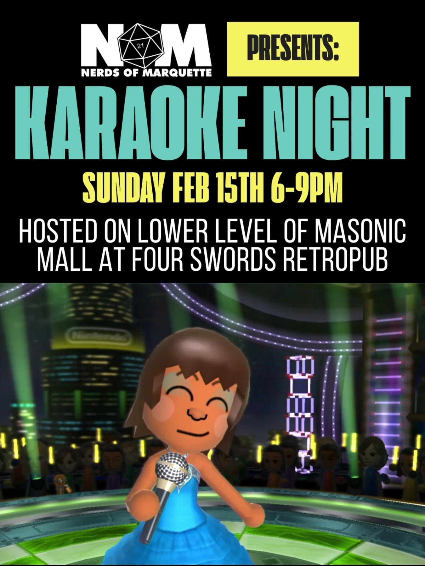 🎤 Nerds of Marquette is back again with your favorite Karaoke Hosts: Eli & James! This event will be taking place on the lower level of the Masonic Mall just outside of Four Swords arcade. Free and all ages welcome! Enjoy ramen, arcade games & karaoke all night from 6-9pm!👩🎤✨👨🎤
🕹️Happy Hour Game Deal from 8-9pm only $9!
🍜 Get a bowl of ramen- get your arcade pass for only $10!