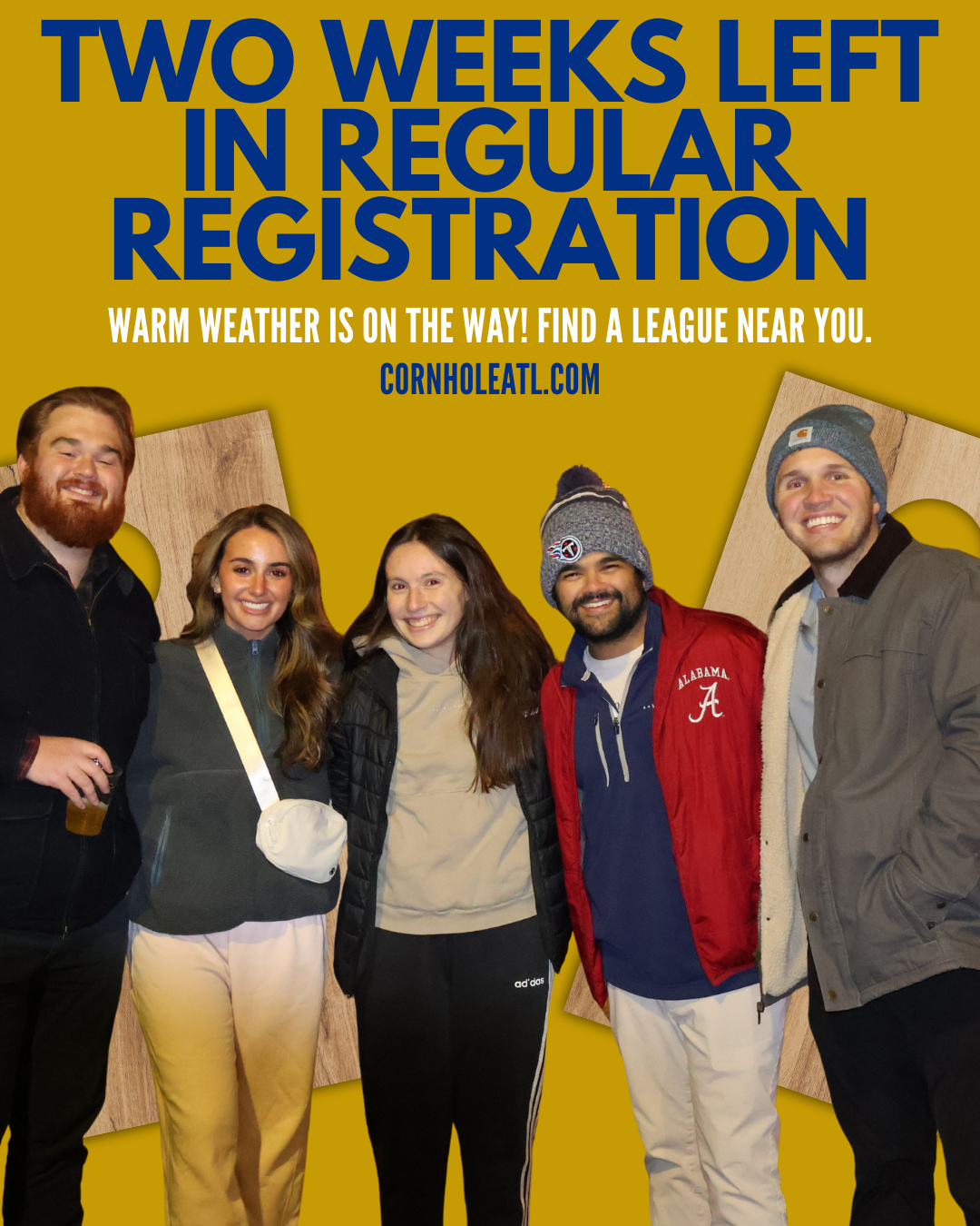 Warm weather is coming. Sign up for spring cornhole league! โ๏ธ
