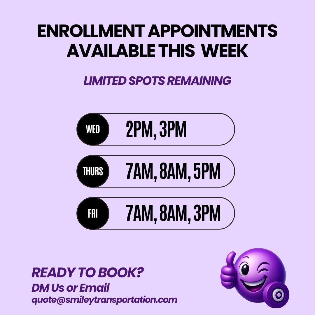 ๐ Now Enrolling!
We are currently enrolling for rides beginning Monday, February 23, 2026, with a limited number of appointment spots still available this week.
To schedule an enrollment appointment, you must first request and receive a quote (including a quote code) from Smiley Transportation.
If you have not yet received your quote and code, please visit our website via the link in our bio and complete the form under โGet a Free Quote.โ
Please note: seats are not reserved until enrollment is fully completed. All availability is first-come, first-served and subject to change.