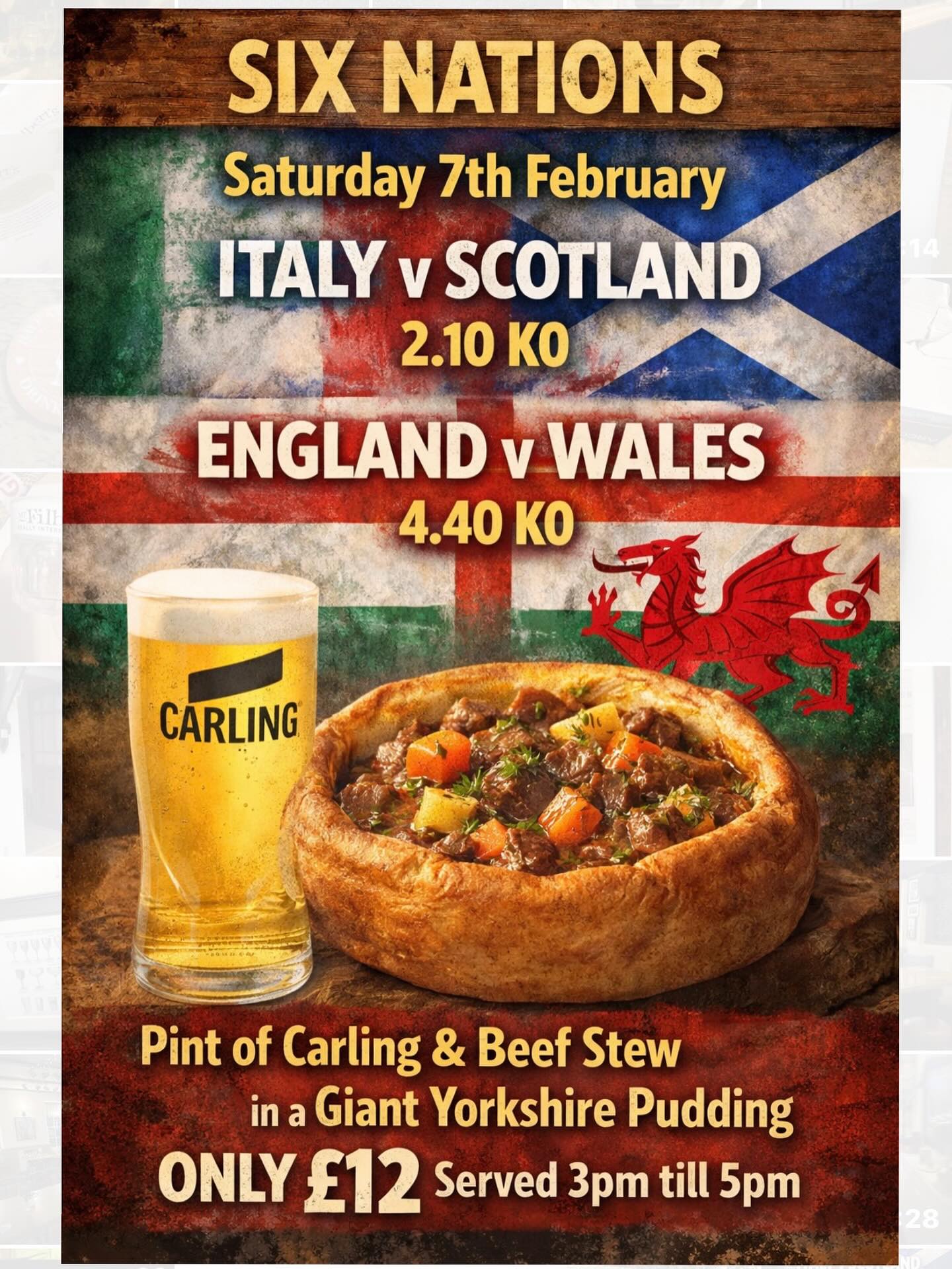 🏉 Rugby’s on. The pints are pouring. The Yorkshires are HUGE.
Six Nations live today — shout at the telly, eat something heroic, repeat.
🍺 Pint of Carling
🥧 Beef stew in a giant Yorkshire pudding
💷 £12 | ⏰ 3–5pm
Italy v Scotland ➡️ England v Wales
No cooking. No washing up. No brainer.