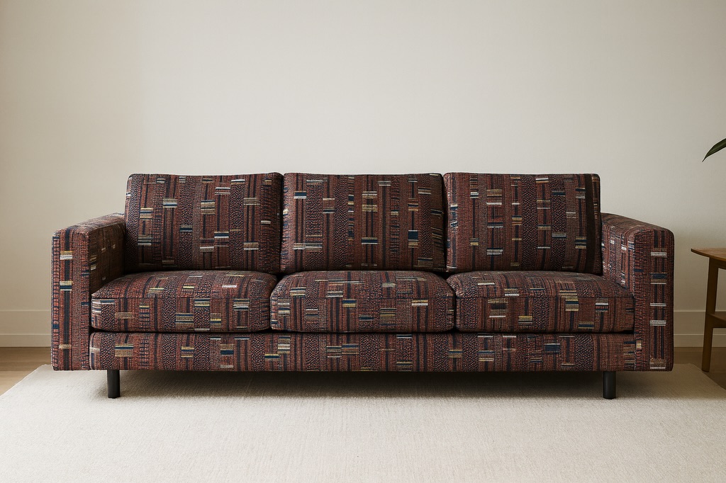 When launching new patterns, the use of AI can help visualize the pattern and color on a piece of furniture. Here is our pattern DNA, color: Clay Rose, shown on a sofa. The scale in the AI generated photo is a little larger than actual size, but it does have a nice visual appeal. Not all AI is bad, in small doses it can be helpful for visualization. But nothing is like ordering a real textile swatch for client approval. #upholstery #interiordesign #textiles