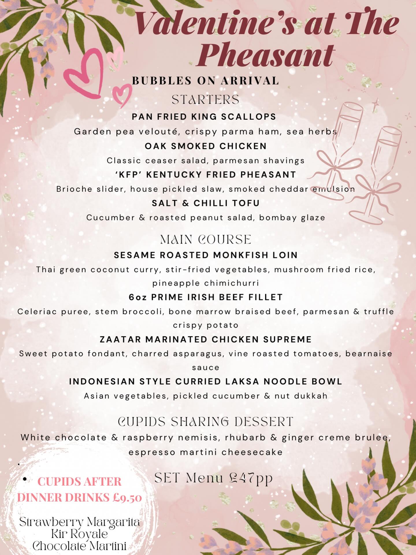 Gloomy January is over and we’re ✨manifesting✨a sunnier February! We have a lot lined up this month, kicking off worth the first Ireland game in the Six Nations on Thursday evening.
Our sold out Gourmet evening takes place on Friday along with the second pub quiz of the year, so get your teams booked in asap as space is limited!
Valentines Day is next, and take a look at our set menu, which we will be exclusively running for the evening.