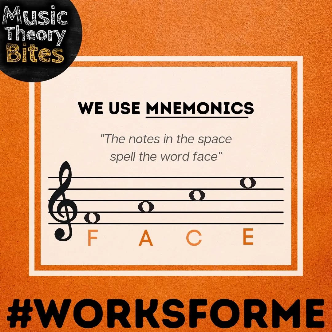 Reading #music is a learned skill, and to help you remember the names of notes in the spaces of the treble clef stave, try a #mnemonic
It #worksforme, and might work for you too!
Be sure to let us know how you get on, and if you come up with your own mnemonics!
#letthelearningbegin #musictheory #clef #trebleclef #tipfortuesday #tuesdaytip #tiptuesday