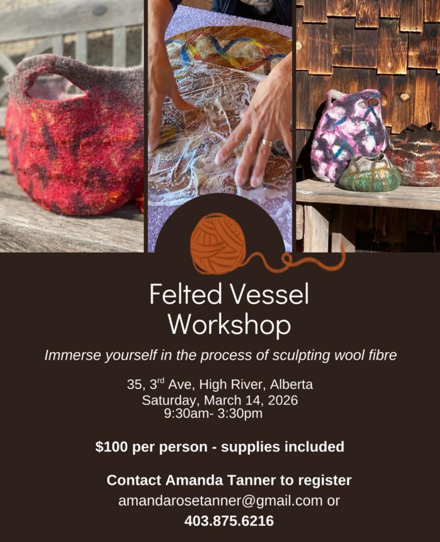 Learn how to make a Felted Vessel with local Fibre Artist Amanda Tanner!
Saturday March 14th, 9:30 - 3:30
$100 per person, all supplies included
Adults and Teens (age 14 and up) Welcome!!
Contact Amanda to register today!