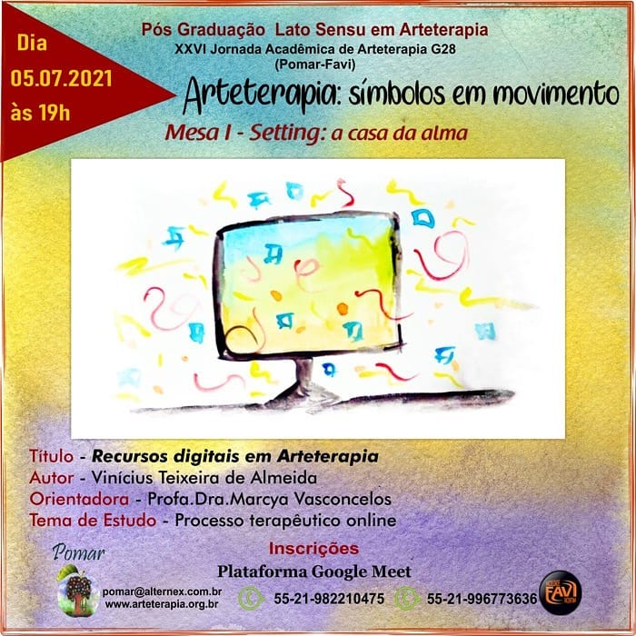 Convite para apresentação do meu TCC na pós-graduação de Arteterapia. :)
Tema: Recursos Digitais em Arteterapia
*O link de acesso deve ser pedido no whatsapp ou email no cartaz.
#arteterapia #clinicapomar #arte #psicologia #psicologiaanalitica