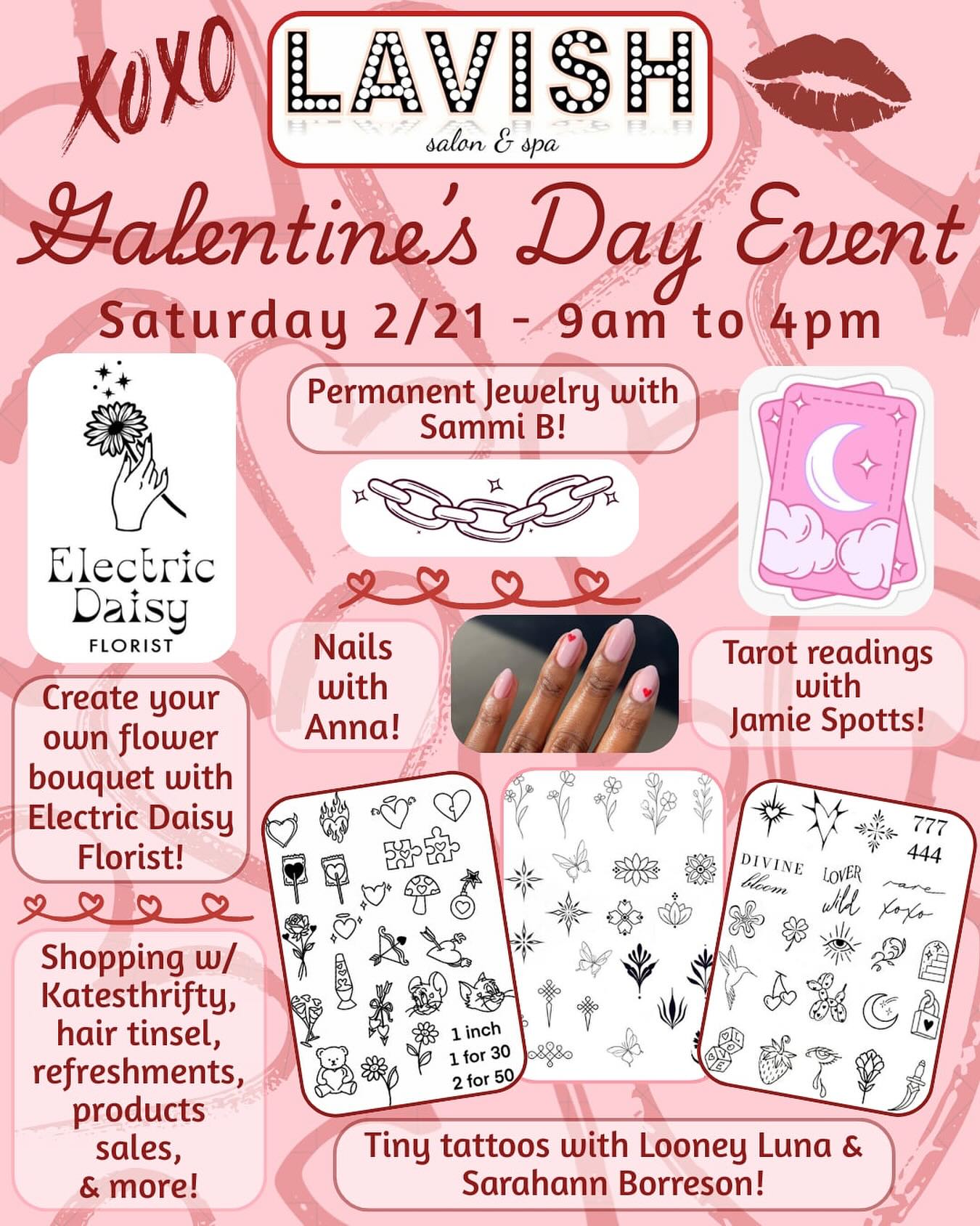 📣OUR GALENTINE’S TATTOO POP UP IS BACK & BETTER THAN EVER THIS TIME WITH 2️⃣ TALENTED TATTOO ARTISTS🎨@looneylunastattoos & @sarborresonart !
@electricdaisyflorist will be back with their 💐 bouquet bar, @sammie_bevans will be linking us with her ⛓️💥 permanent jewelry, Jamie will be giving love tarot readings 🔮, Anna will be onsite doing Valentine’s Day 💅 & along with lots of goodies, hair tinsel & more for the first time ever we are excited to announce that @katesthrifty will be joining us with all of her incredible finds! 👗