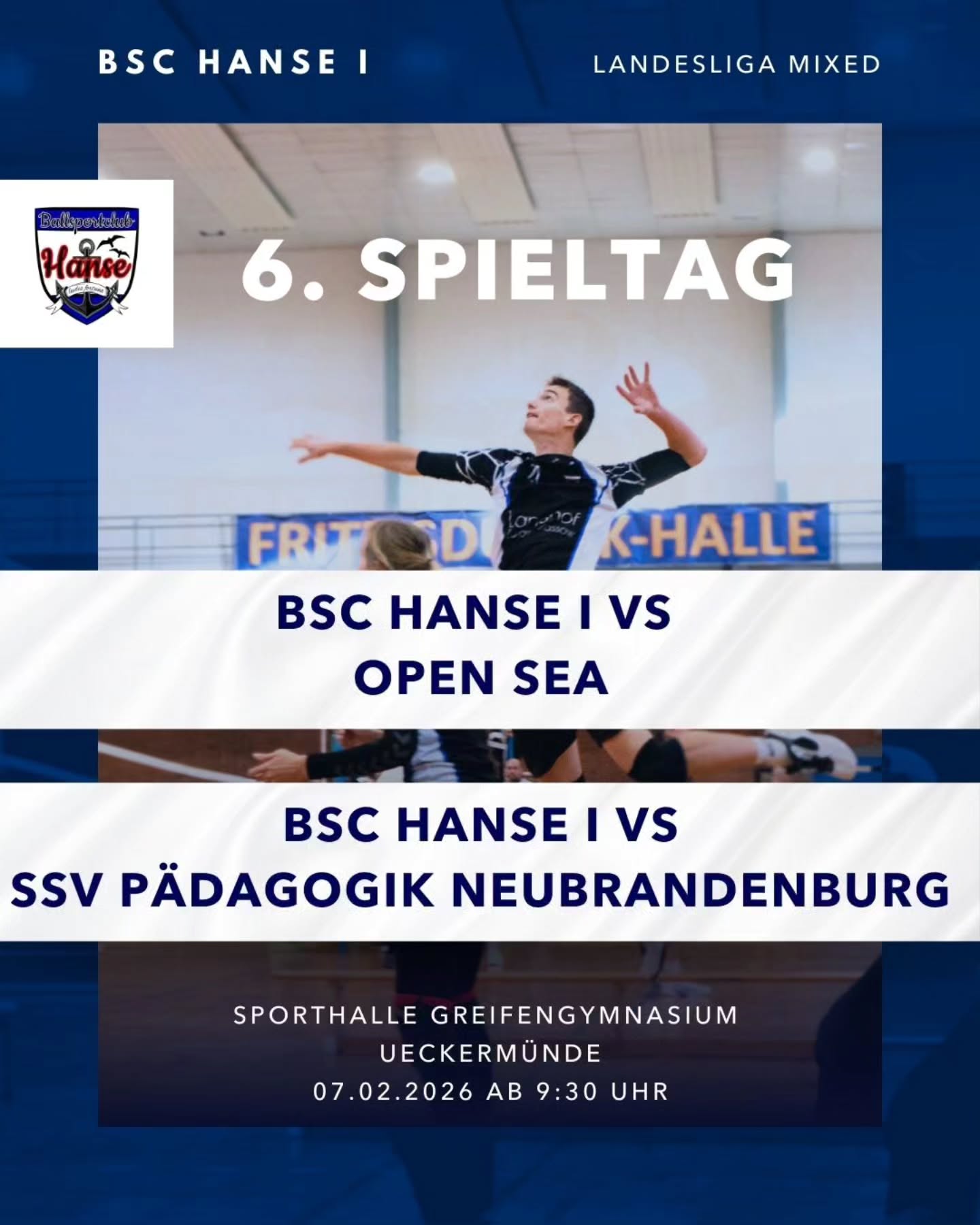 +++ Spitzenduelle +++
Bei unserem nächsten Spieltag treffen wir auf den Tabellenersten und Tabellenzweiten. Uns erwarten damit zwei schwere Gegner. In der Hinrunde ging es gegen beide denkbar knapp zu unserem Nachteil aus. Wir wollen Revanche!
#LLMixed #mixedvolleyball #volleyballingreifswald #volleyballgreifswald #volleylove