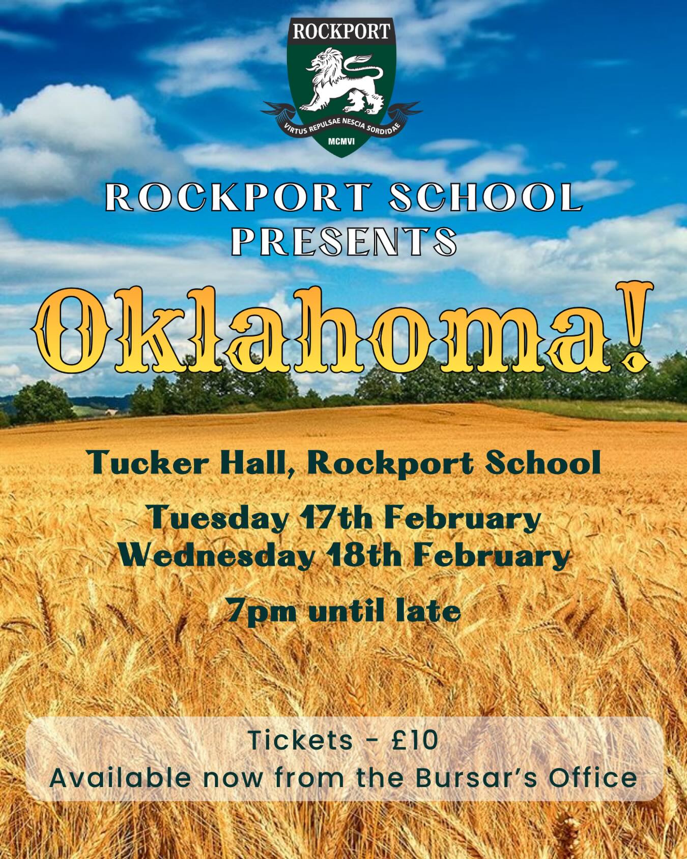 We are excited to announce that Rockport’s RDS will be presenting two performances of ‘Oklahoma!’ after the half term break.
Tickets are now available from the Bursar’s Office and are priced at £10 per ticket.
We encourage early purchase to avoid disappointment, and look forward to welcoming you all to this incredible performance! 🎭
