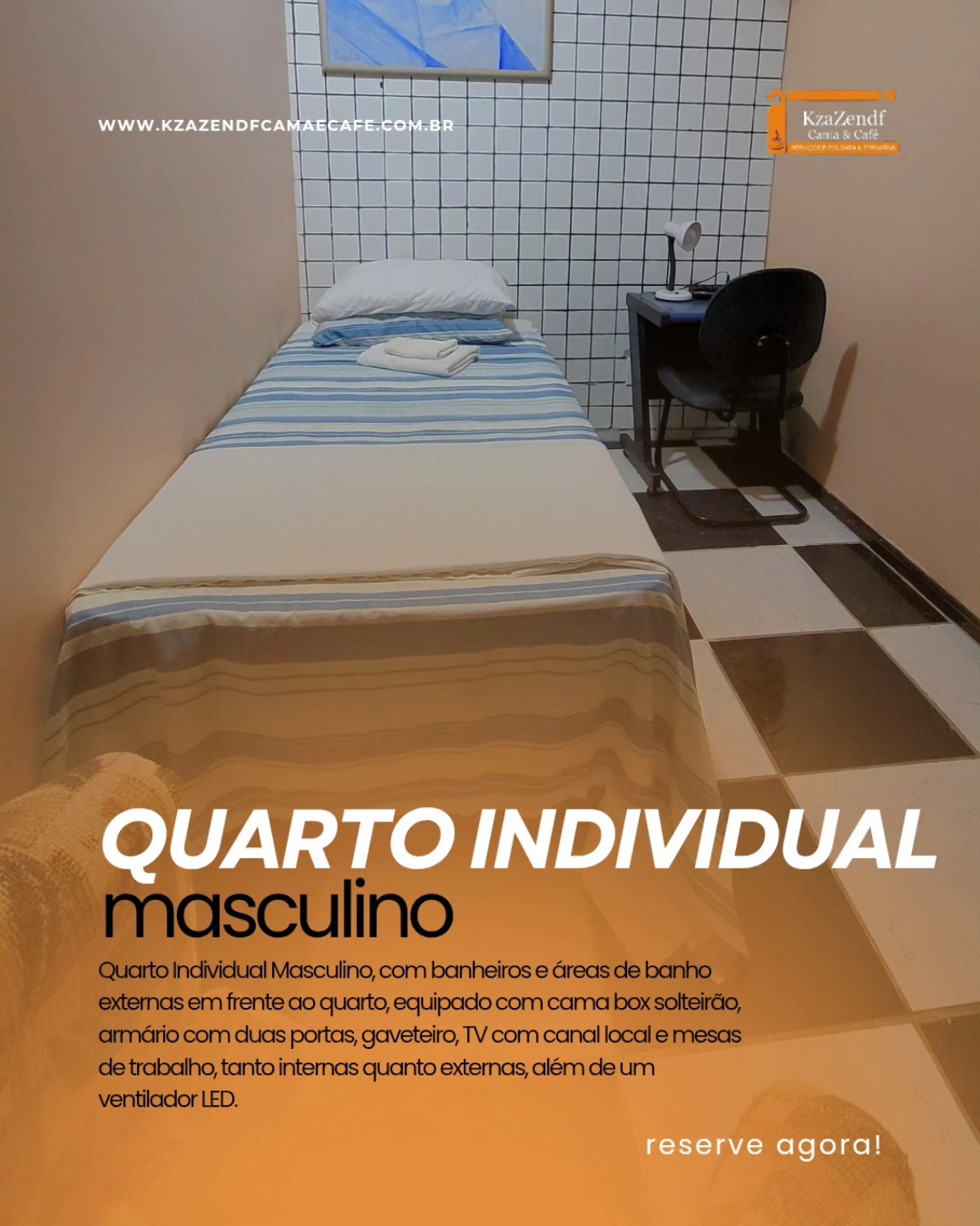Quarto Individual Masculino – simplicidade, conforto e praticidade!
Ideal para quem busca um ambiente tranquilo e funcional.
Conta com cama box de solteiro, armário, gaveteiro, TV com canal local, ventilador LED e mesa de trabalho.
🚿 Banheiros e áreas de banho externas, localizados em frente ao quarto.
Tudo que você precisa para uma estadia confortável e acessível.
📍 Reserve já: www.kazendfcamaecafe.com.br
#QuartoIndividual #HospedagemBrasília