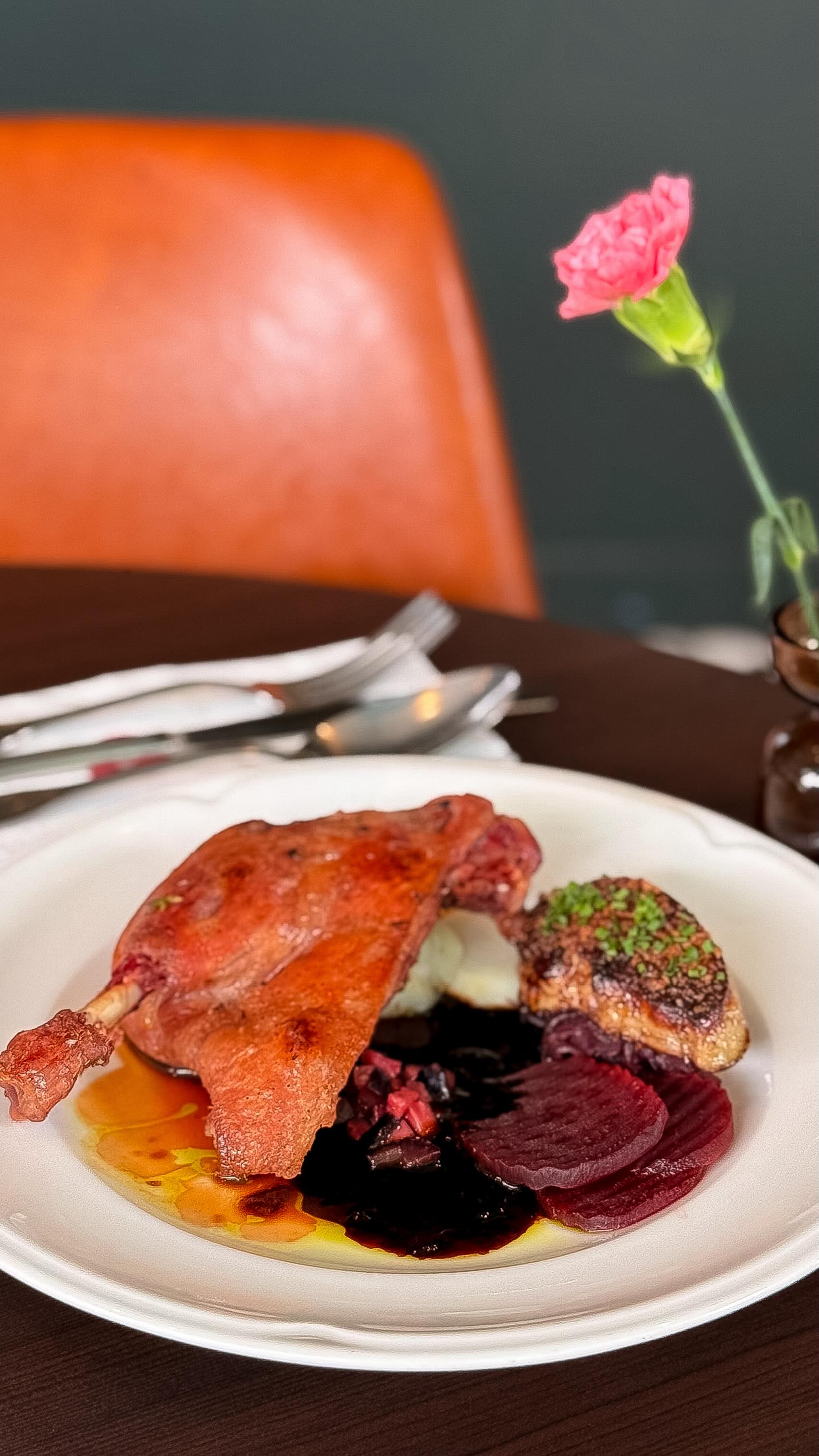 Open wide!
Fall-off-the-bone tender confit duck and buttery foie gras balanced with tangy beetroot sauerkraut in one perfect bite.