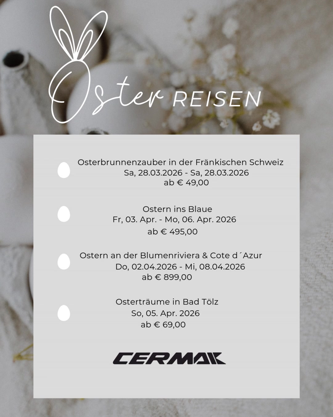 🐣🌸 OsterREISEN 2026 – mit uns entspannt unterwegs
Ob fränkische Ostertradition, frische Meeresluft, mediterranes Flair oder ein gemütlicher Tagesausflug – unsere Osterfahrten 2026 bieten für jeden das passende Reiseerlebnis 🚍✨
✔️ Osterbrunnenzauber in der Fränkischen Schweiz
✔️ Ostern ins Blaue
✔️ Blumenriviera & Côte d’Azur
✔️ Osterträume in Bad Tölz
Steigt ein, lehnt euch zurück und genießt die Feiertage – wir kümmern uns um den Rest 💛
👉 Jetzt informieren & Plätze sichern!