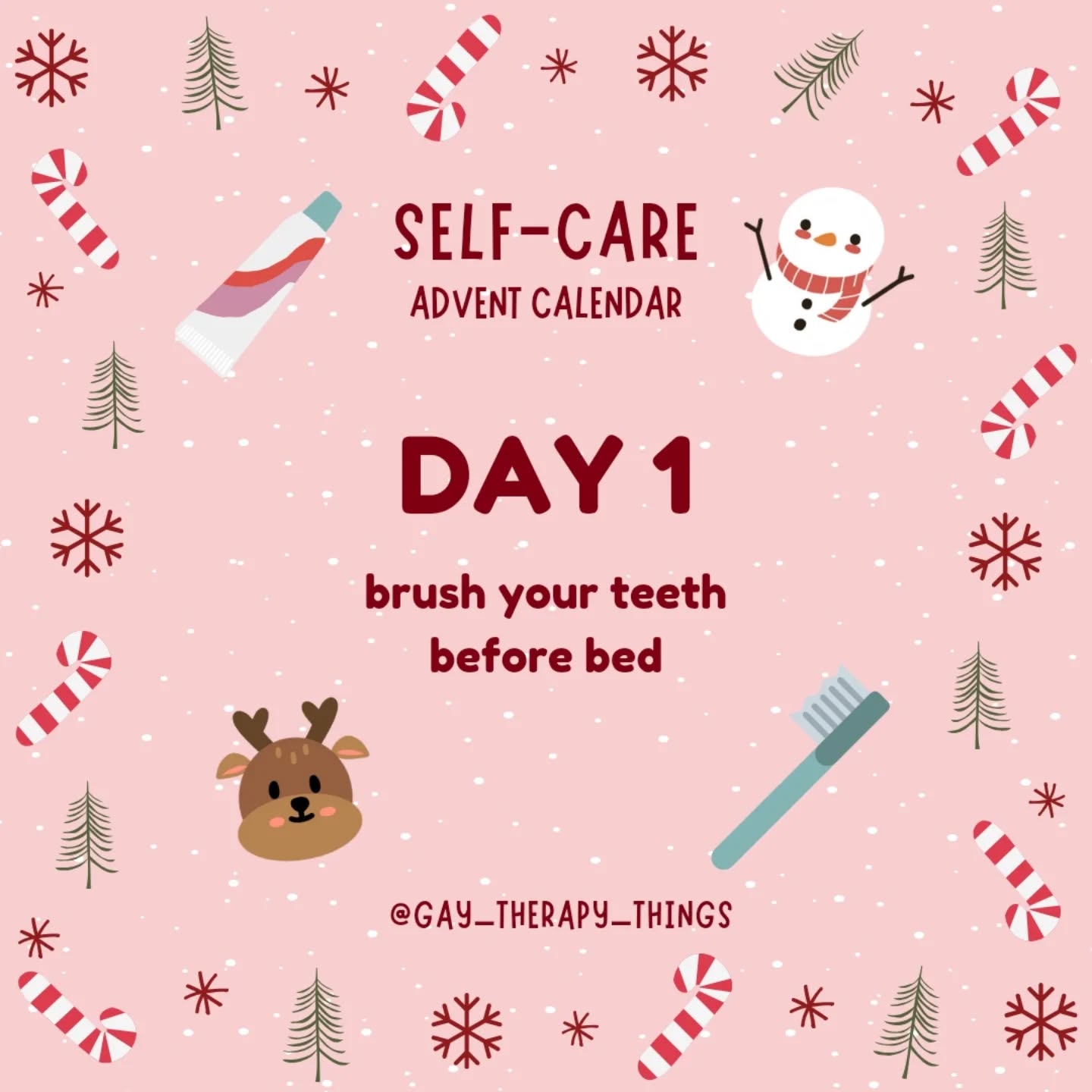 I had the idea to make myself a self-care advent calendar and thought I would share with you all! All of these ideas are 100% free and (relatively) simple. It's not self care if it's beyond our budget or it isn't feasible.
The idea to post one each day is from @downsizeupgrade who is doing 25 days of decluttering. It's great, so you should follow her!
I started late, so it will be 19 days of self care ð let me know what self-care you'd like to see on this social media advent calendar! Good luck brushing your teeth tonight ðŠĨðŦĄ
#selfcare #therapistsofinstagram #christmascountdown #adventcalendar