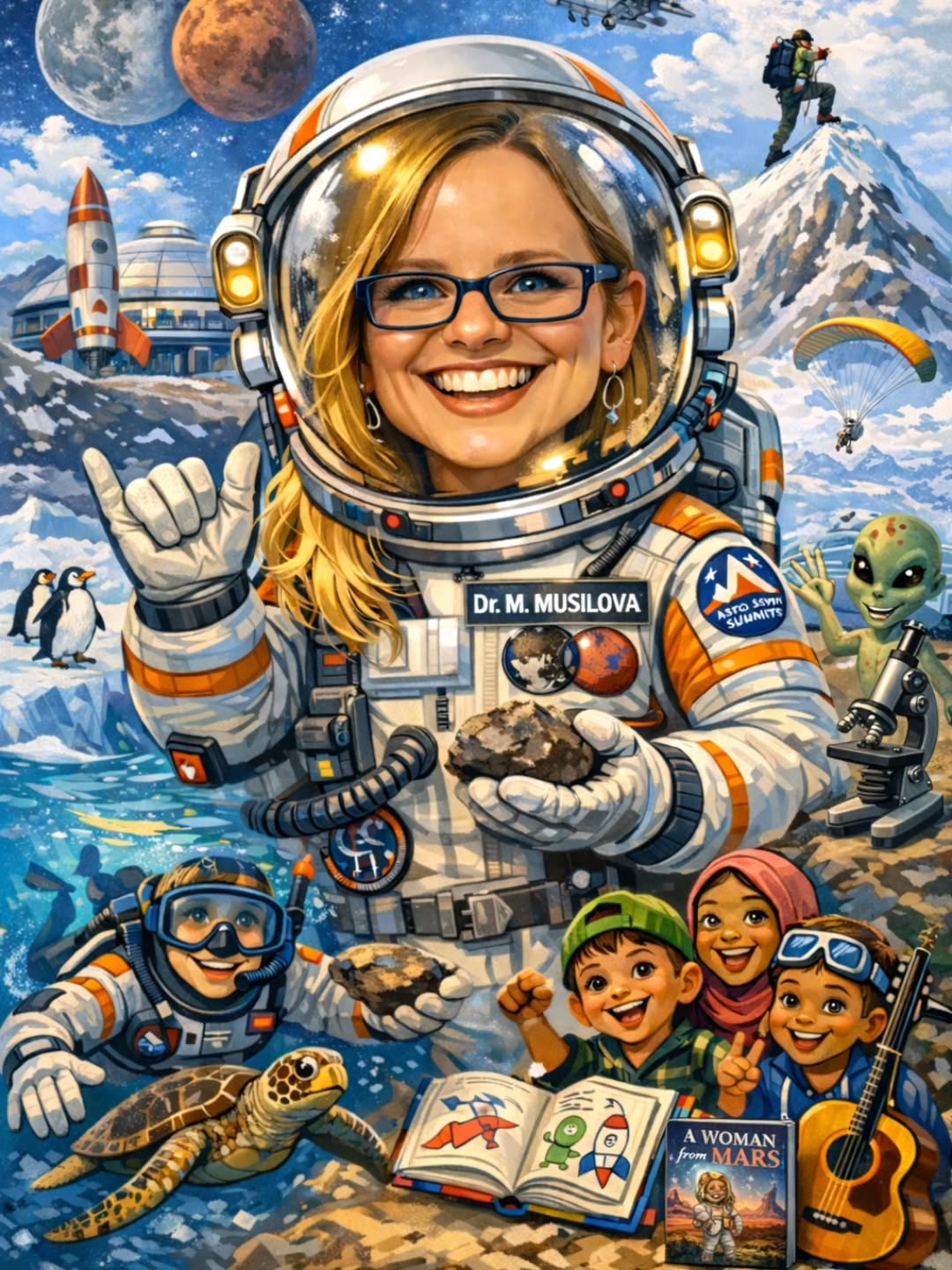 For those of you that may not know me well, this AI caricature actually provides a pretty nice overview about me and my work 😊.
It shows my scientific research related to astrobiology and missions to the Moon and Mars, as well as my Astro Seven Summits project. The caricature also showcases how important doing outreach and educational work around the world is for me 😊.
Some of my passions are shown there too, such as writing (like my work-in-progress book, A Woman from Mars), adventure sports, singing and dancing (indicated by the guitar).
I had a good laugh when I saw that both the 'astronaut me' and the 'scuba diver me' are holding rocks 😀. I clearly talk about geology a lot 😆.
I was inspired to create this by some nice AI caricatures I've been seeing lately, but since I don't use AI almost at all, it was a bit of a challenge to create this (and the AI sure had funny interpretations of what I do as an astrobiologist 😄).
#aicaricature #astronaut #womeninstem #Antarctica #AWomanFromMars
