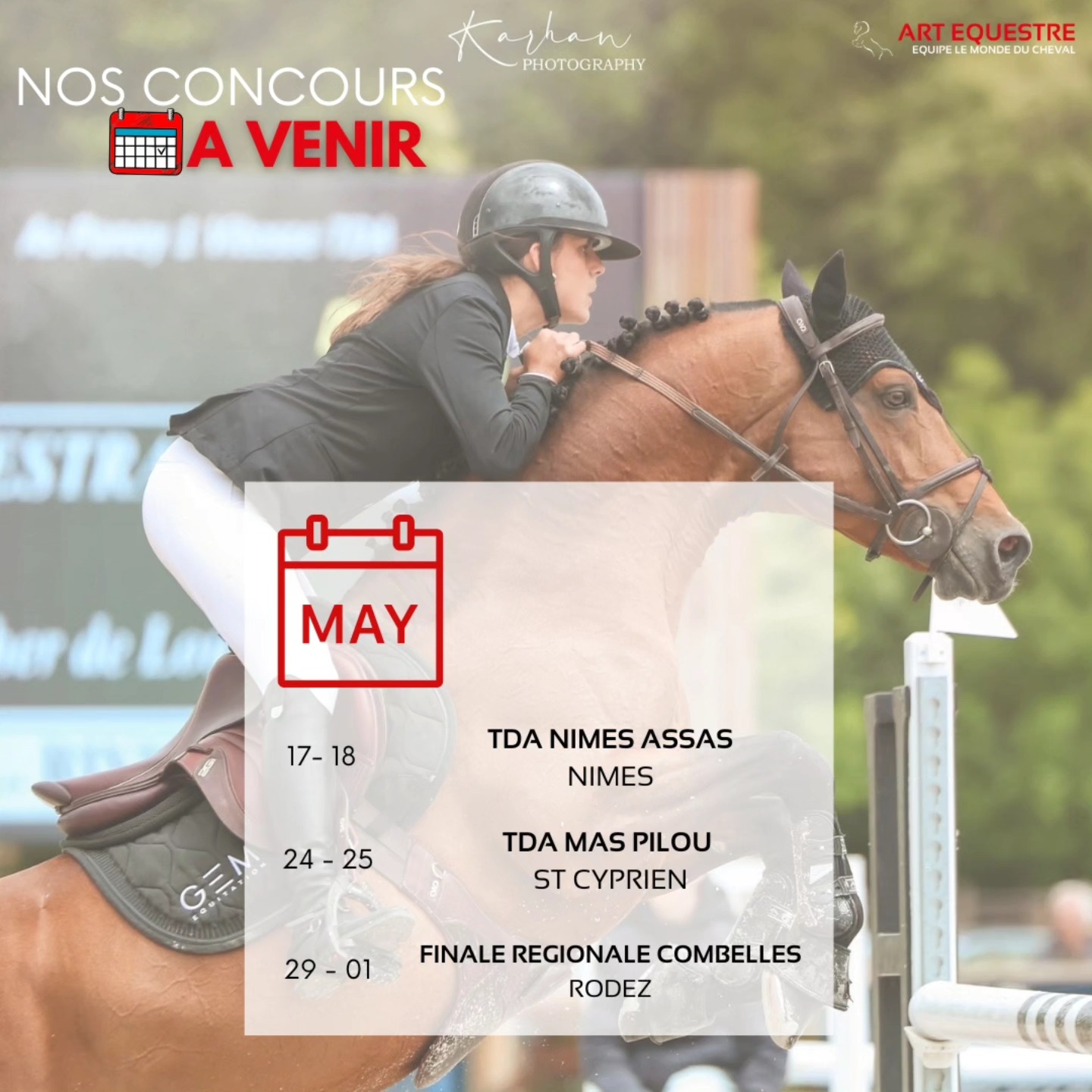 Vous voulez nous retrouver en concours ?✨️
La Team Event Art Equestre vous donne rendez-vous dans les 2 prochaines TDA à Nîmes et Saint Cyprien !
Et on se retrouve pour la grande Finale Régionale d'Occitanie à Rodez du 29 mai au 1er juin 🥳
Alors on vous retrouve sur quel concours ?