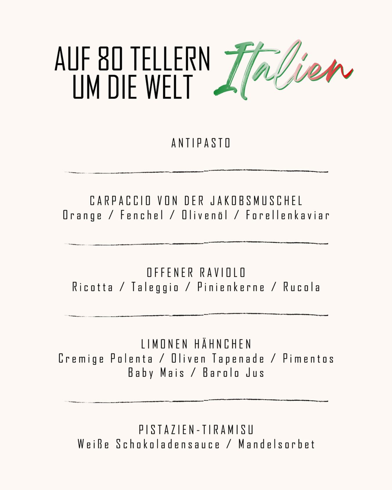 Dolce Vita im PIER 6
Mit Gerichten wie bei Nonna, Weinen der besten Regionen Italiens und passender Musik von DJ Breeze entführen wir euch für einen Abend nach bella Italia!
Reserviert euch jetzt einen Platz. - Telefonisch unter 0471/48364080 oder online auf www.pier6.de.
4 Gänge - 49,50€