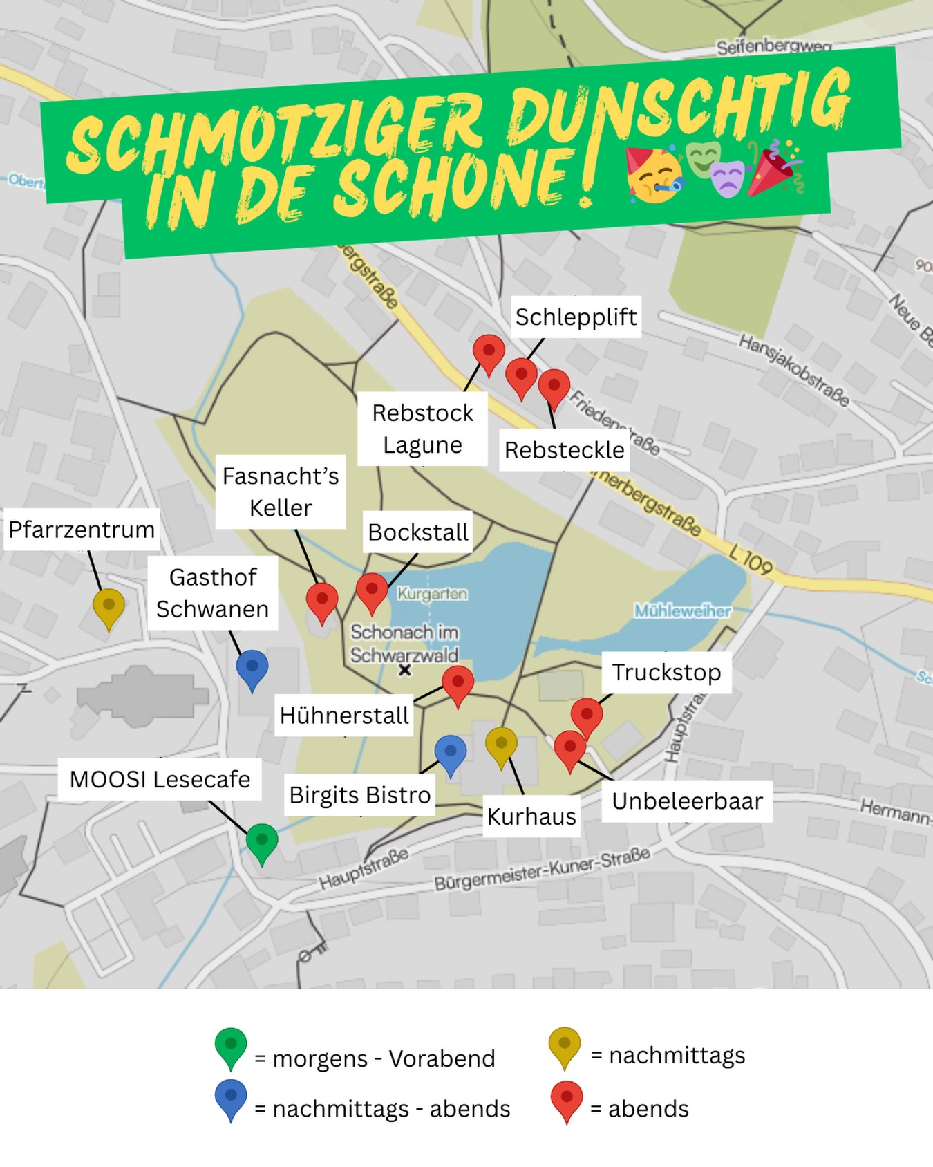 Nur noch 2 Mal schlafen dann ist endlich Schnotzige Dunschtig in de Schone! 🥳🎭🎉
Wir hoffen das Wetter verspricht noch ein bisschen Besserung und wenn nicht Tanzen wir den Regen einfach weg ☔️
Ein geniale Anzahl aus Wirtschaften, Zelter und Buden dieses Jahr, wir freuen uns euch auf de Straßefasnet zu sehen