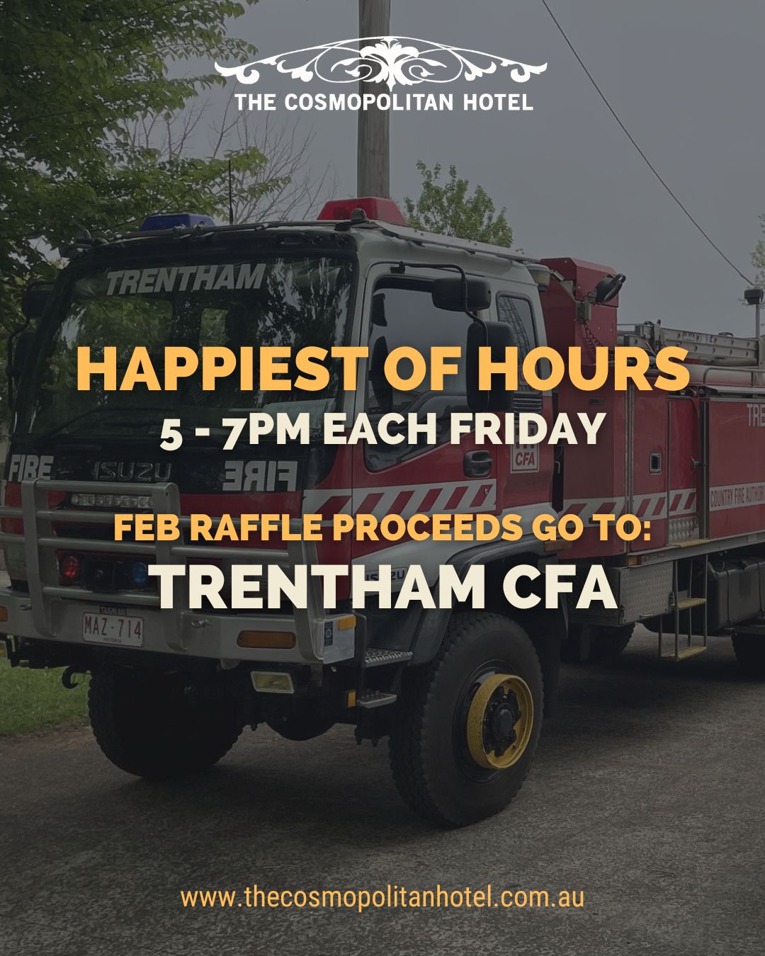 The February Friday night meat raffle proceeds will go to the legends at Trentham CFA.
We can only cross our fingers and hope for a quiet February for these local heroes. Stop by at the Happiest of Hours (5-7pm) each Friday to buy some raffle tickets in support.
.
.
.
.
.
.
.
#trentham #hepburnshire #daylesfordmacedonlife #macedonranges #cosmotrentham #thecosmopolitanhotel #countrypub #publife #regionalvictoria #localcommunity #onehourout #visitmacedonranges #visitvictoria #dogsoftrentham