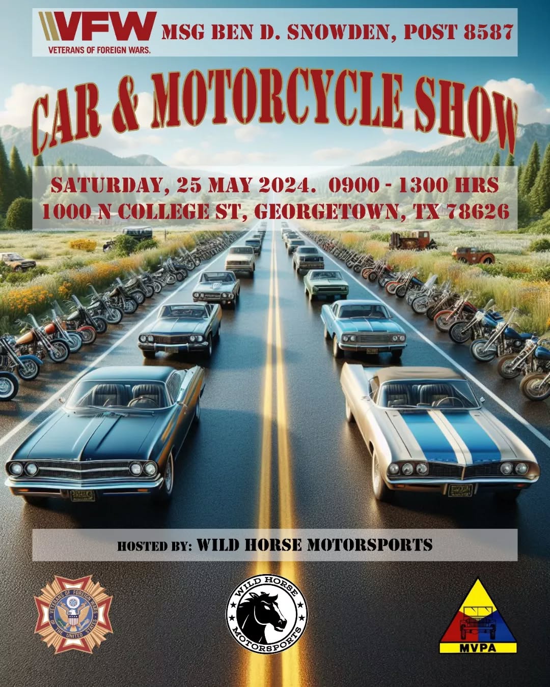 Registration is open! See the "Events" page on our website.
https://www.wildhorsemotorsports.com/event-details/vfw-post-8587-car-motorcycle-show-2024