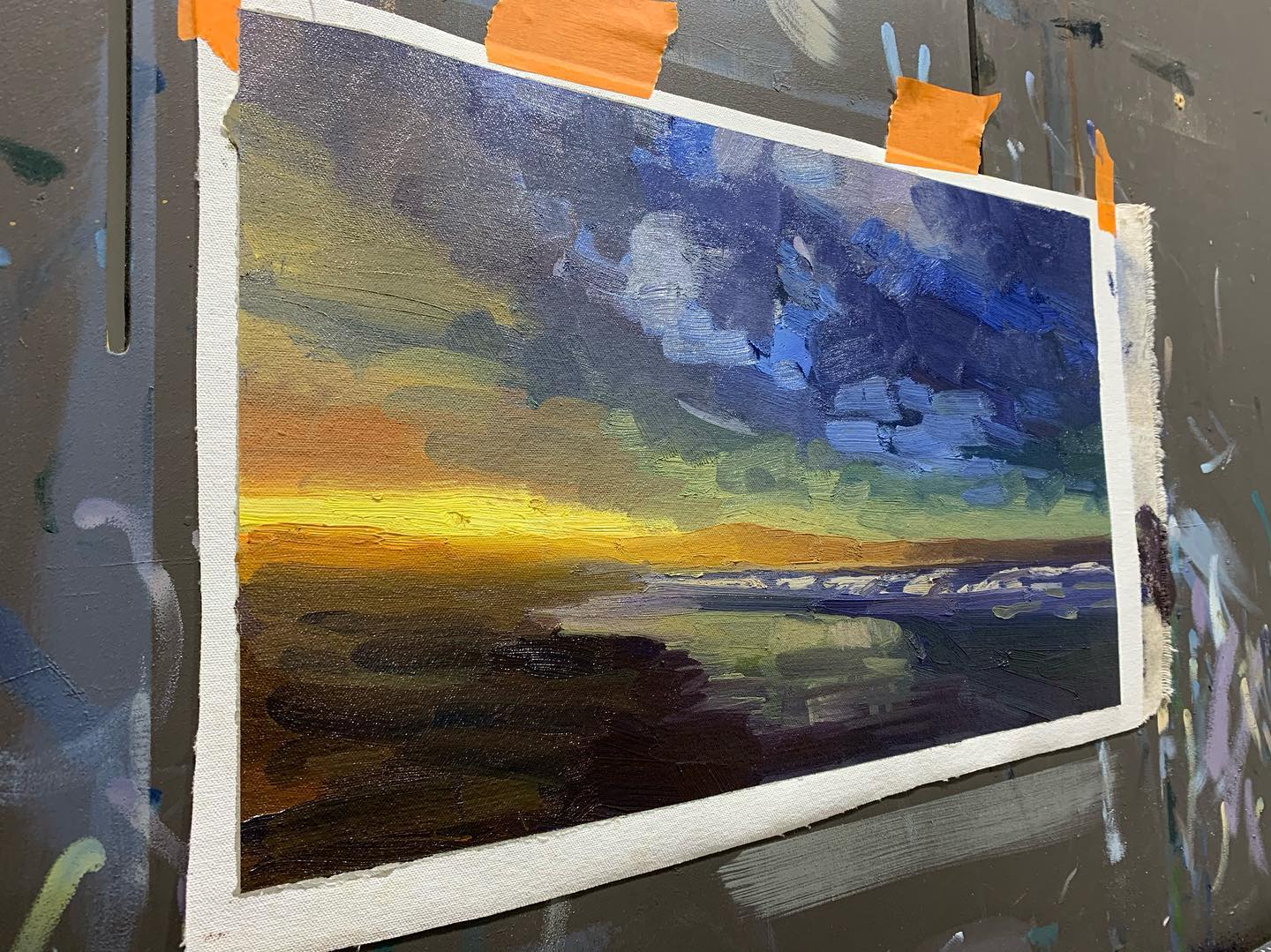 Colour study - sunset at Pambula Beach. Been some great sky colour lately #oilpainting #oiloncanvas #pambulabeach #classicalartist #oilpainter #artist #traditionalart #landscapepainting