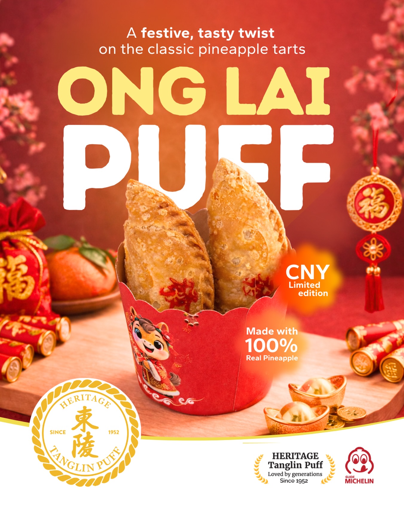 Mini Ong Lai, Maxi Huat! 𝗢𝘂𝗿 𝗹𝗶𝗺𝗶𝘁𝗲𝗱-𝗲𝗱𝗶𝘁𝗶𝗼𝗻 𝗢𝗻𝗴 𝗟𝗮𝗶 𝗣𝘂𝗳𝗳 𝗶𝘀 𝗽𝗮𝗰𝗸𝗲𝗱 𝘄𝗶𝘁𝗵 𝟭𝟬𝟬% 𝗽𝗶𝗻𝗲𝗮𝗽𝗽𝗹𝗲 𝗴𝗼𝗼𝗱𝗻𝗲𝘀𝘀 - 𝗯𝘂𝘁𝘁𝗲𝗿𝘆, 𝘁𝗮𝗻𝗴𝘆, 𝗮𝗻𝗱 𝗱𝗮𝗻𝗴𝗲𝗿𝗼𝘂𝘀𝗹𝘆 𝗮𝗱𝗱𝗶𝗰𝘁𝗶𝘃𝗲. One bite, and you’ll know… this is how good fortune should taste! 😉
Petite but powerful, each mini puff delivers a punch of flavour (and a little extra huat for the year ahead 😉). Don’t wait for luck to come, bite into it today.
𝗔𝘃𝗮𝗶𝗹𝗮𝗯𝗹𝗲 𝗮𝘁 𝘀𝗲𝗹𝗲𝗰𝘁𝗲𝗱 𝗼𝘂𝘁𝗹𝗲𝘁𝘀 𝗯𝗲𝗹𝗼𝘄, 𝘄𝗵𝗶𝗹𝗲 𝘀𝘁𝗼𝗰𝗸𝘀 𝗹𝗮𝘀𝘁!
• Pek Kio Market (Flagship), 01-45
• Beauty World Centre #04-58
• Changi Airport Terminal 3, Kopitiam@T3, B2-03, Stall 20
• Ghim Moh Market, #01-44
• NorthPoint City, #B2-126
• The Poiz Centre, #01-14
• Redhill Market, #01-67
• Smith street 02-017