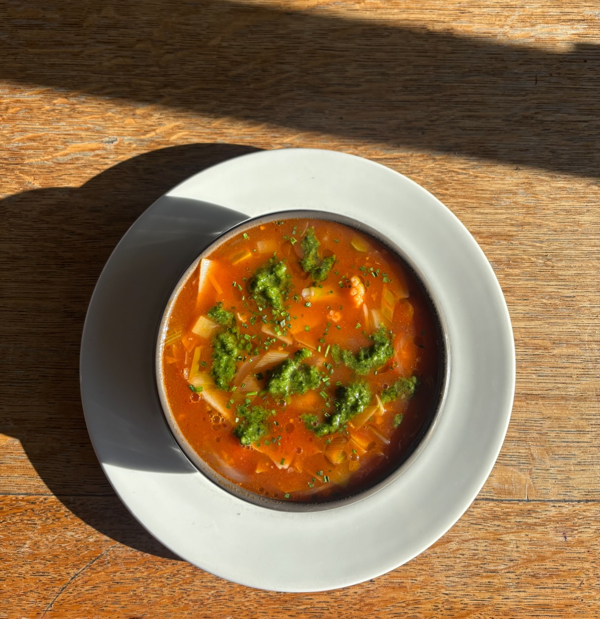 Winter minestrone Soup with black cabbage pesto