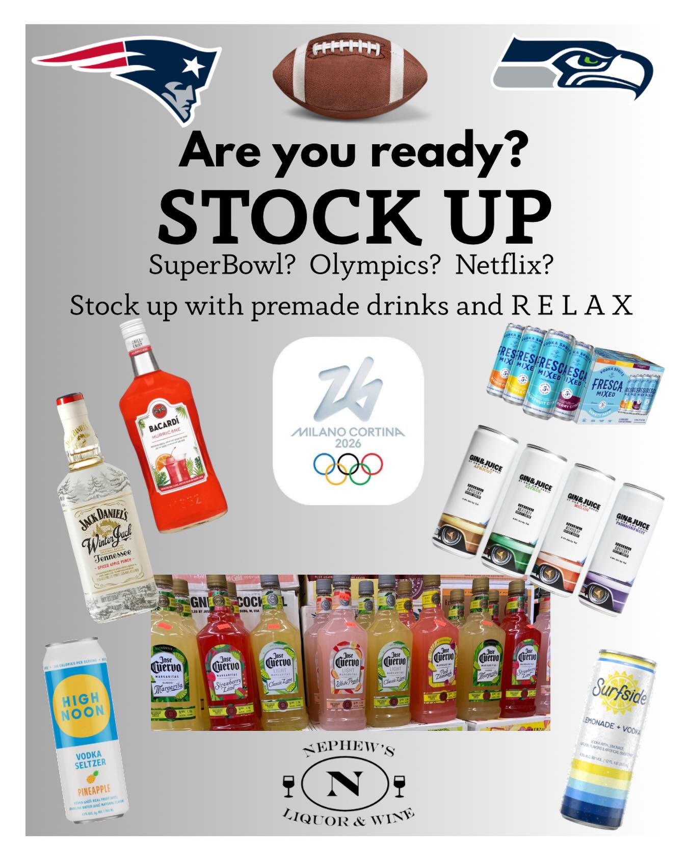 This weekend looks like a cold one-best to stay inside and be cozy. Is your team in the SuperBowl? Are you watching the Olympics? Or are you planning on binging a new show? Let our team help you stock up with ready to serve drinks that require no time to prep. @frescausa @highnoonsunsips @jackdaniels_us @josecuervotequila #upstateny #vermont#montreal#lakechamplain#liquorstoresuowrbowl