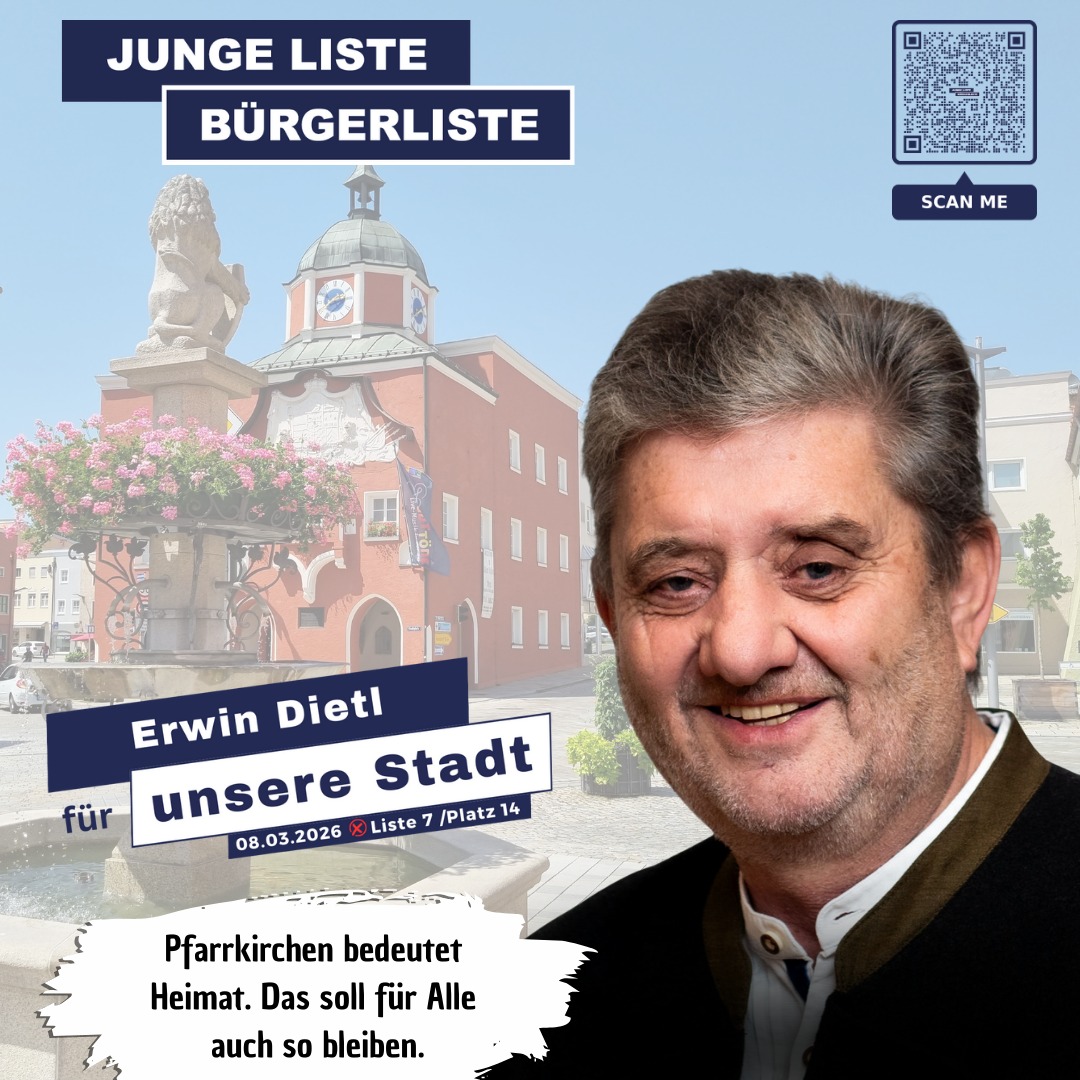 Pfarrkirchen bedeutet Heimat. Das soll für Alle auch so bleiben.
🏡 Erwin Dietl setzt sich dafür ein, dass Pfarrkirchen ein Ort bleibt, an dem wir uns alle zuhause fühlen.
Lerne unsere Stadtratskandidat*innen kennen! Auf unserer Homepage www.jl-bl.de gibt es alle Infos zu unseren Zielen und Visionen – und alle Termine, bei denen du direkt ins Gespräch kommen kannst. Dein Kontakt zählt!
#kommunalwahl2026 #stadtrat2026 #pfarrkirchen #GemeinsamFürEinLebendigesPfarrkirchen