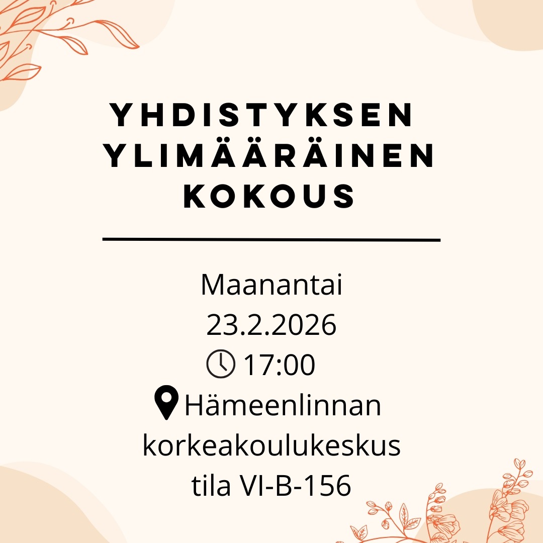 Tervetuloa yhdistyksen ylimääräiseen kokoukseen maanantaina 23.2.2026 klo 17:00! 🐥
Kokous järjestetään Hämeenlinnan korkeakoulukeskuksella, tilassa Vi-B-156.
Kaikki yhdistyksen jäsenet ovat tervetulleita kuulemaan yhdistyksen tilanteesta ja tutustumaan toimintaan!🧡
Unfortunately, this event is only held in Finnish.