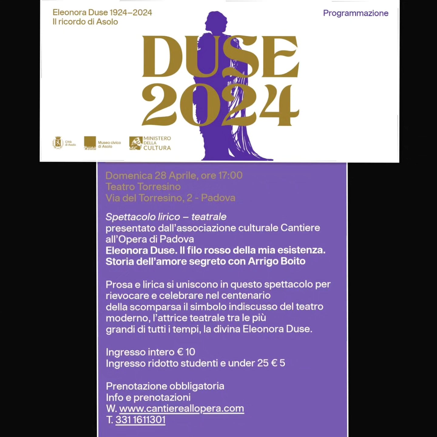 Domenica 28 Aprile ore 17:00.
Padova, Teatro Torresino, via del Torresino 2
ELEONORA DUSE
IL FILO ROSSO DELLA MIA ESISTENZA
Premio Arrigo Boito assegnato al celebre basso RICCARDO ZANELLATO.
PRENOTATE IL VOSTRO POSTO AL 3311611301
L'evento è incluso nelle celebrazioni DUSE2024.IT del Comitato Nazionale per le celebrazioni del centenario della morte di Eleonora Duse indetto dal Ministero della Cultura.
#eleonoraduse #duse2024 #duse #riccardozanellato #arrigoboito #premioarrigoboito