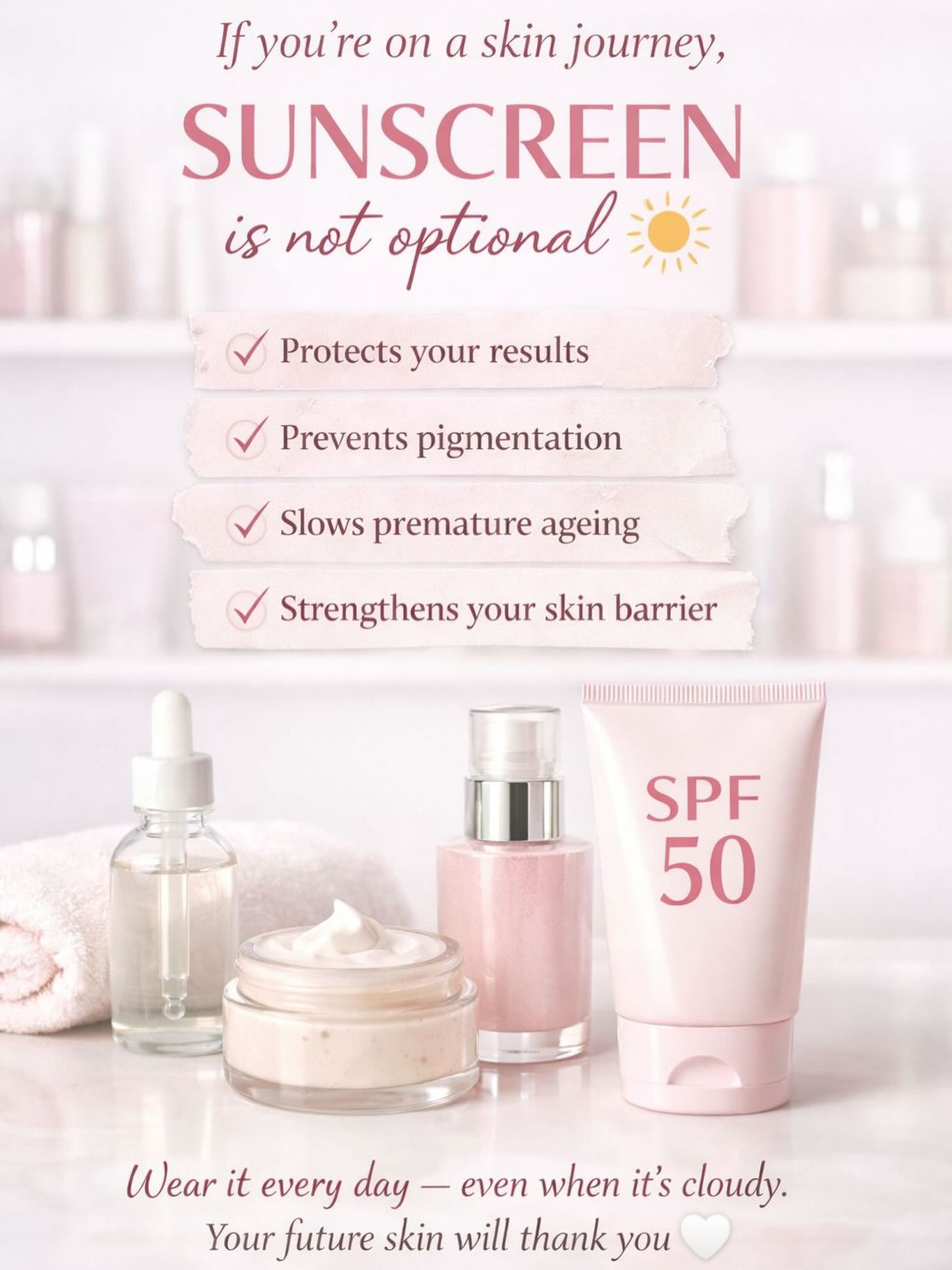 Your skincare routine doesn’t stop at serums 🧴
If you’re on a skin journey, sunscreen is non-negotiable.
It protects all the work you’re putting in, prevents pigmentation, slows premature ageing, and keeps your barrier healthy.
Every. Single. Day. ☀️
#SPFReminder #SkinJourney #HealthySkin