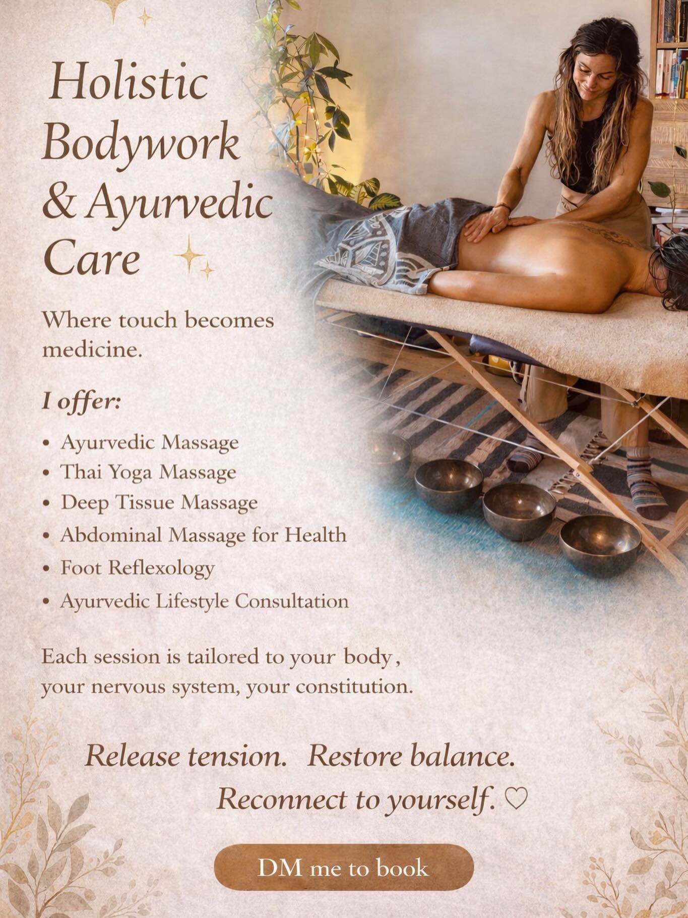 Touch is medicine.✨
Through conscious, intuitive bodywork, I support your nervous system, release stored tension, and bring your body back into balance.
I offer the following treatments:
• Ayurvedic massage
• Thai yoga massage/Zenthai Shiatsu
• Deep tissue massage
• Abdominal massage for health
• Foot reflexology
• Ayurvedic lifestyle consultation
🌱Combination of any treatment with plant medicine is possible
Each session is tailored to your unique constitution and current state — integrating body, mind, and energy.
If you feel called to slow down, restore, and reconnect, you’re welcome here 🤍
DM me to book or for more information. You can also visit my website (link in bio)
📍Treatments available only in Amsterdam, Netherlands
