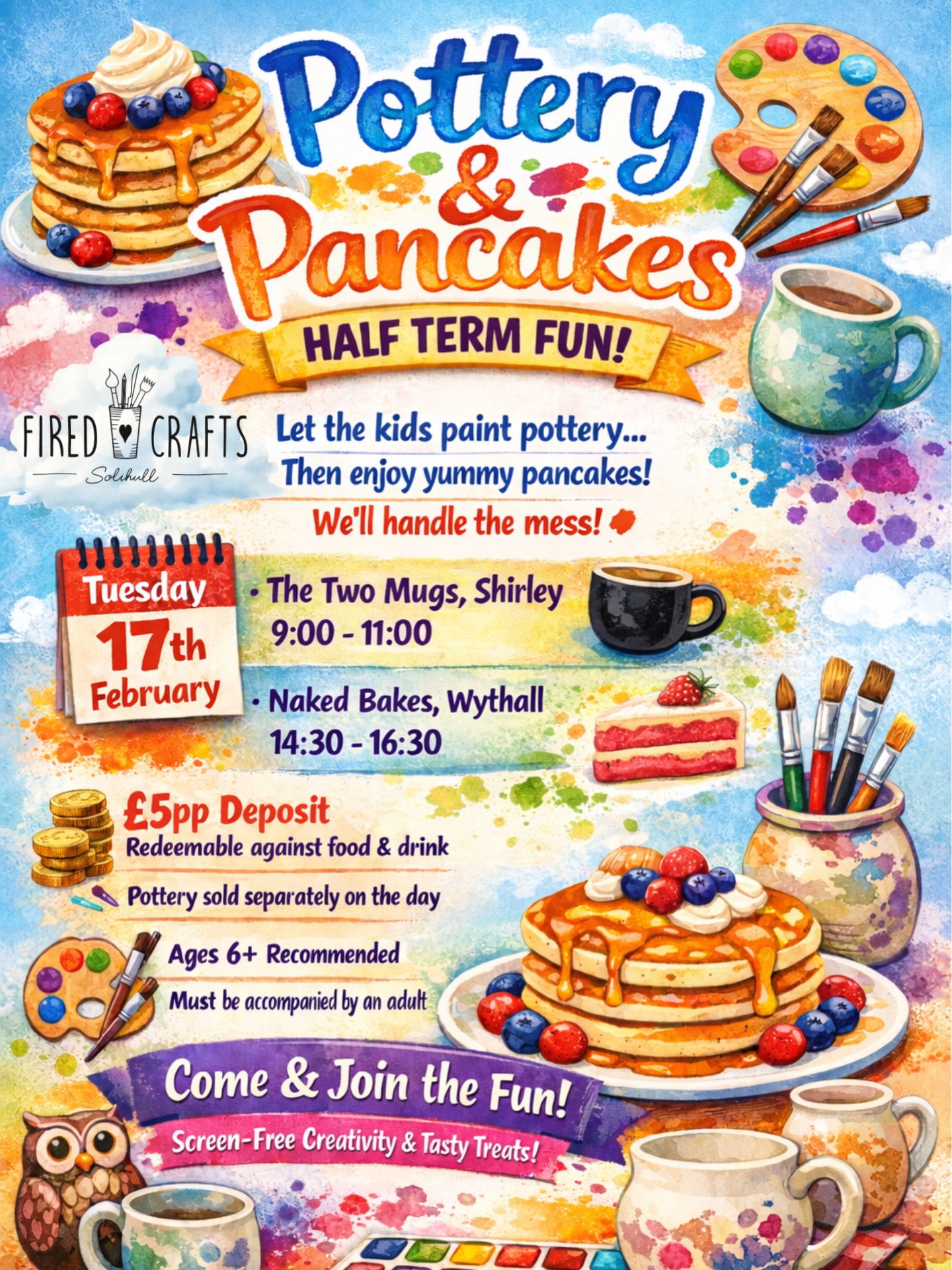 🥞🎨 Pottery & Pancakes = Half Term Perfection! 🎨🥞
Looking for something fun, creative and screen-free this half term?
We’ve got you covered! 🙌
Let the kids paint their own pottery 🖌️
Enjoy delicious pancakes 🥞
And leave the mess to us ✨
📅 Tuesday 17th February
📍 @thetwomugs - 09:30-11:30
📍 @naked.bakes - 14:30-16:30
👧 Ages 6+ (with an adult)
⚠️ Limited availability – spaces are filling fast!
👉 Book now via the link in our bio
A perfect activity for the whole family 💛
Come and make memories with us!
#wythall #pyop #FamilyActivities #ScreenFreeKids #solihullmums