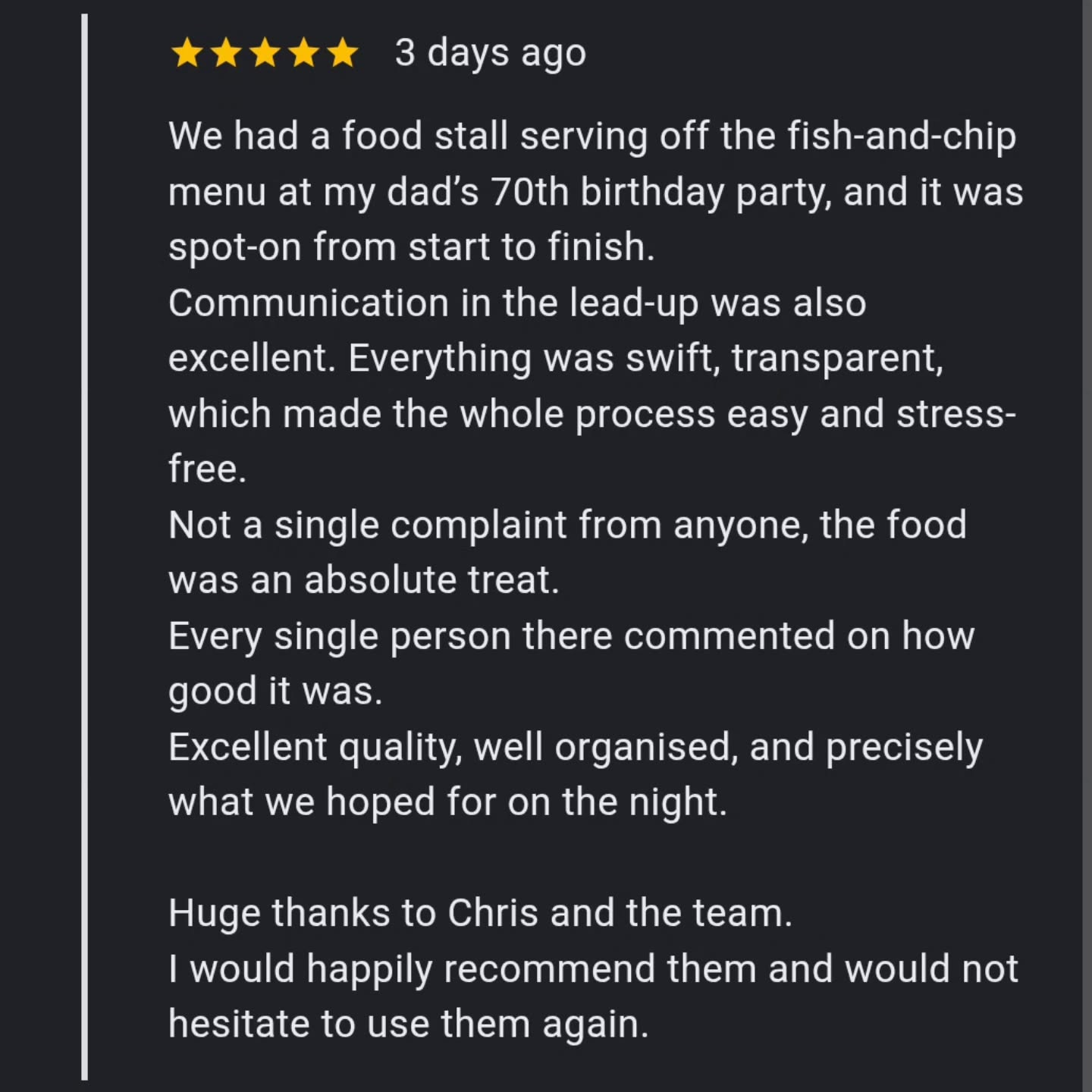 Another great review from a private party on Saturday night!