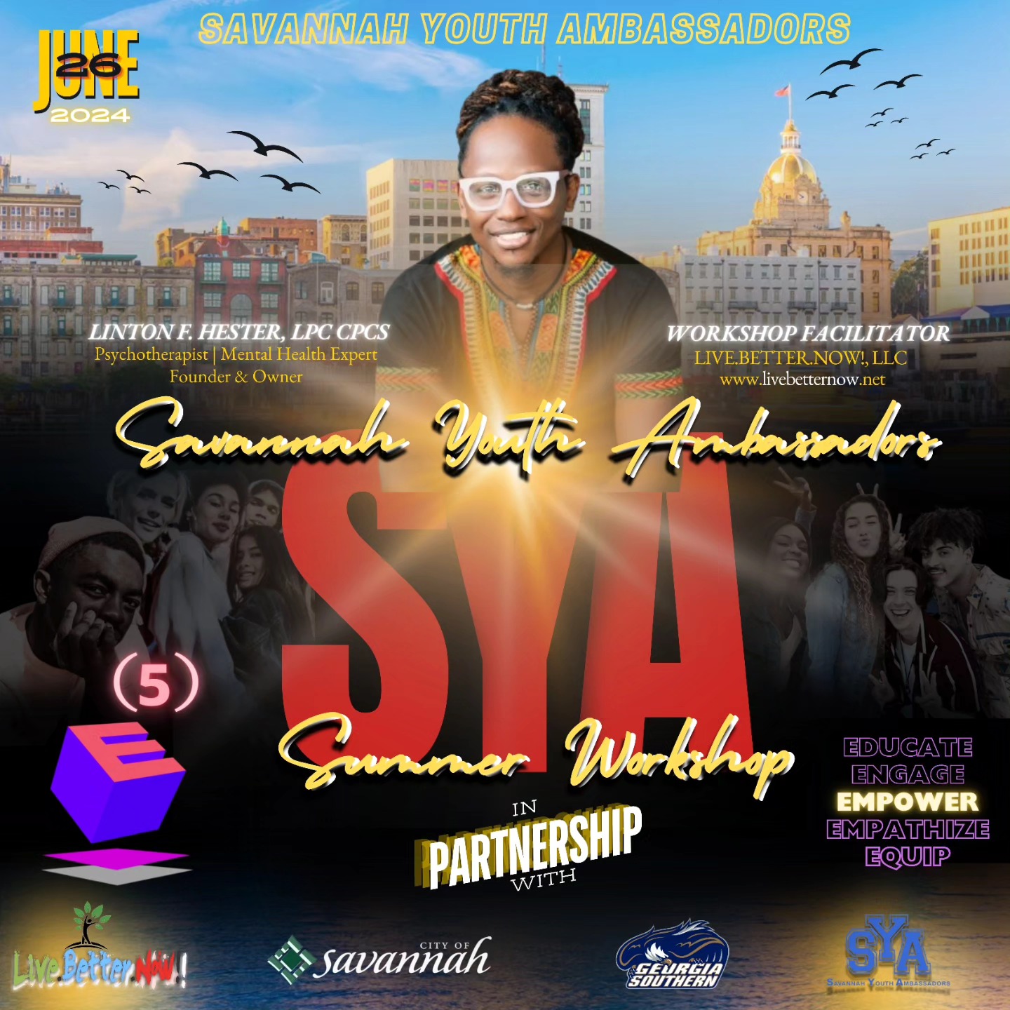 I am excited to partner with the City of Savannah, Georgia Southern University & Savannah Youth Ambassadors in facilitating next week's Mental Health Summer Workshop, entitled: (Eโต)
(๐โต)
๐๐๐ฎ๐๐๐ญ๐ โข ๐๐ง๐