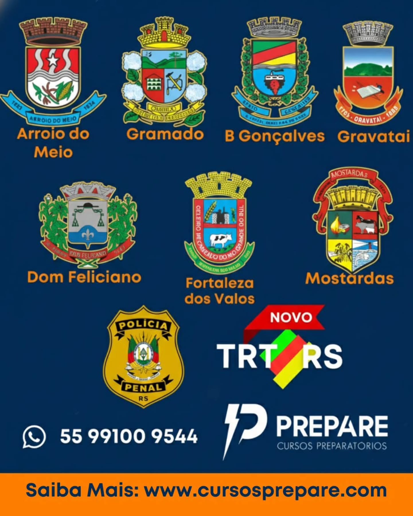 🗓️ CALENDÁRIO DE APROVAÇÃO 2026: PROGRAME-SE!
O ano começou com tudo e a Prepare Cursos preparou o cronograma definitivo para você garantir sua vaga.
🏛️ CONCURSOS MUNICIPAIS
Nossos cursos para prefeituras são completos e 100% focados no seu edital! Além das matérias básicas, incluímos: ✅ Leis Municipais de cada cidade. ✅ Conhecimentos Gerais particulares de cada município. ✅ Acesso a provas anteriores das bancas Fundatec, Legalle e La Salle.
Confira as datas das provas:
Gravataí (Fundatec): 13 e 14/02
Bento Gonçalves (Fundatec): 22/02
Fortaleza dos Valos (Legalle): 22/02
Mostardas (Legalle): 08/03
Gramado (Legalle): 14/03
Arroio do Meio (La Salle): 14 ou 15/03
Dom Feliciano (Legalle): 12/04
🛡️ NOVO CURSO: POLÍCIA PENAL RS 2026
Prepare-se para o grande concurso da segurança pública com quem entende do assunto!
Período: De 19/02 a 30/04.
Equipe: Uma super seleção de professores especialistas.
Material: Conteúdo didático exclusivo, baseado no último concurso e totalmente atualizado para 2026 em todas as áreas.
🚀 NÃO PERDA TEMPO! Seja para as prefeituras ou para a Polícia Penal, a sua preparação de elite começa aqui.
🔗 Acesse agora: www.cursosprepare.com 📲 Informações e Matrículas: (55) 99100-9544
#ConcursosRS #PoliciaPenalRS #PrepareCursos #ConcursoMunicipal #Aprovação2026