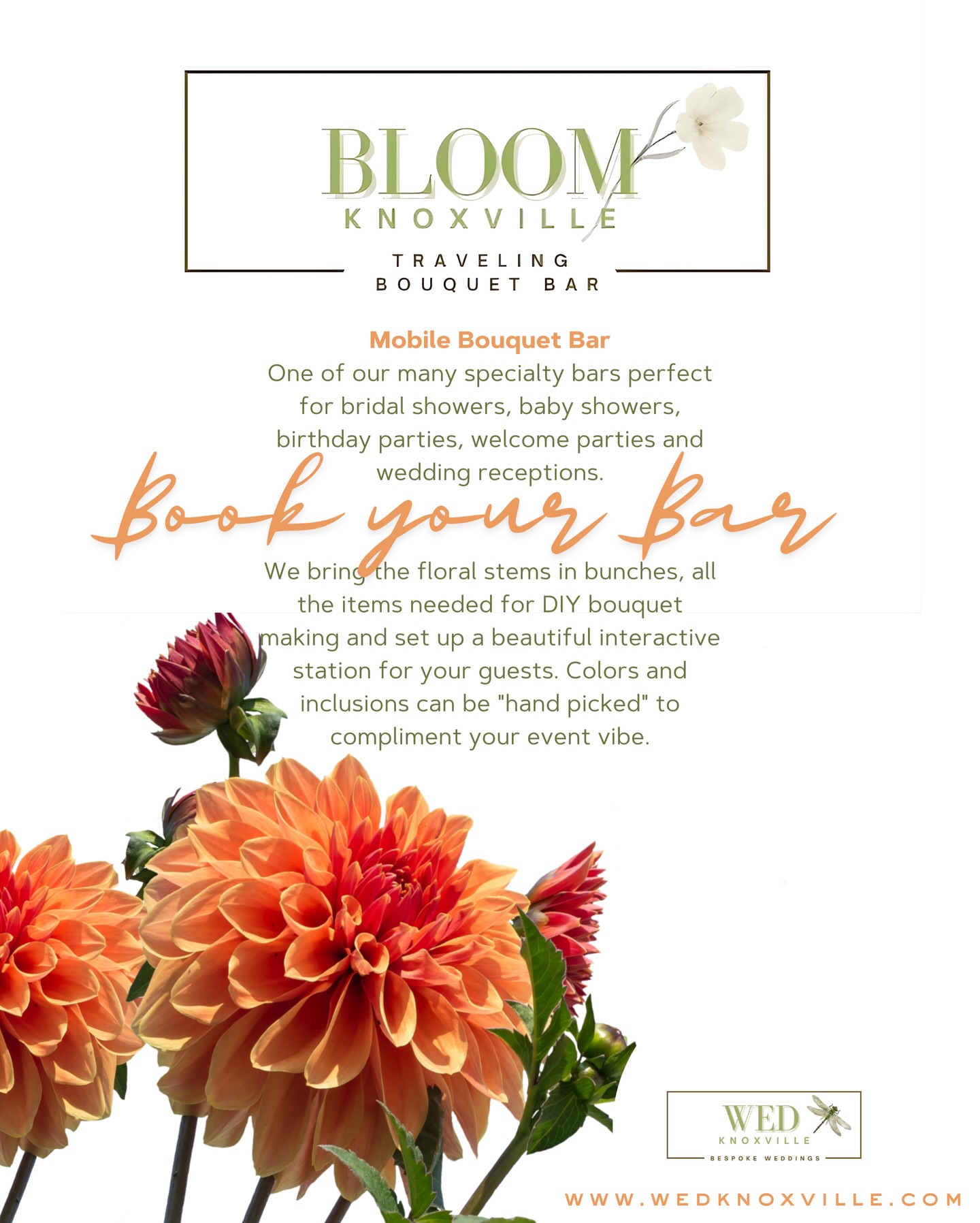 🌿Come on Knoxville, Let’s BLOOM 🌿!
Bloom Knoxville’s Mobile Bouquet Bar is just 1️⃣ of our many specialty bars perfect for bridal showers, baby showers, 🥳
birthday parties, welcome parties, rehearsal dinners & wedding receptions.
We bring the floral stems in bunches🌸🌺🌻, all the items needed for DIY bouquet making and set up a beautiful interactive station for your guests.
Colors and inclusions can be “hand picked” to compliment your event esthetics.
Your station will feature an array of beautiful flowers, charming vases, colorful ribbons, and stylish packaging tailored to the chosen package.
.
Let your guests unleash their creativity and craft their own stunning bouquets, making your event truly unforgettable.
🧡Feeling really adventurous? Host a Bloom Bar at your rehearsal dinner or wedding welcome party and have your guest make your reception centerpieces for the next day.
Book Your Bar Today!
www.wedknoxville.com
#knoxvillebouquetbar #engagedknoxville #wedknoxville🌿 #knoxvilleeventplanner
